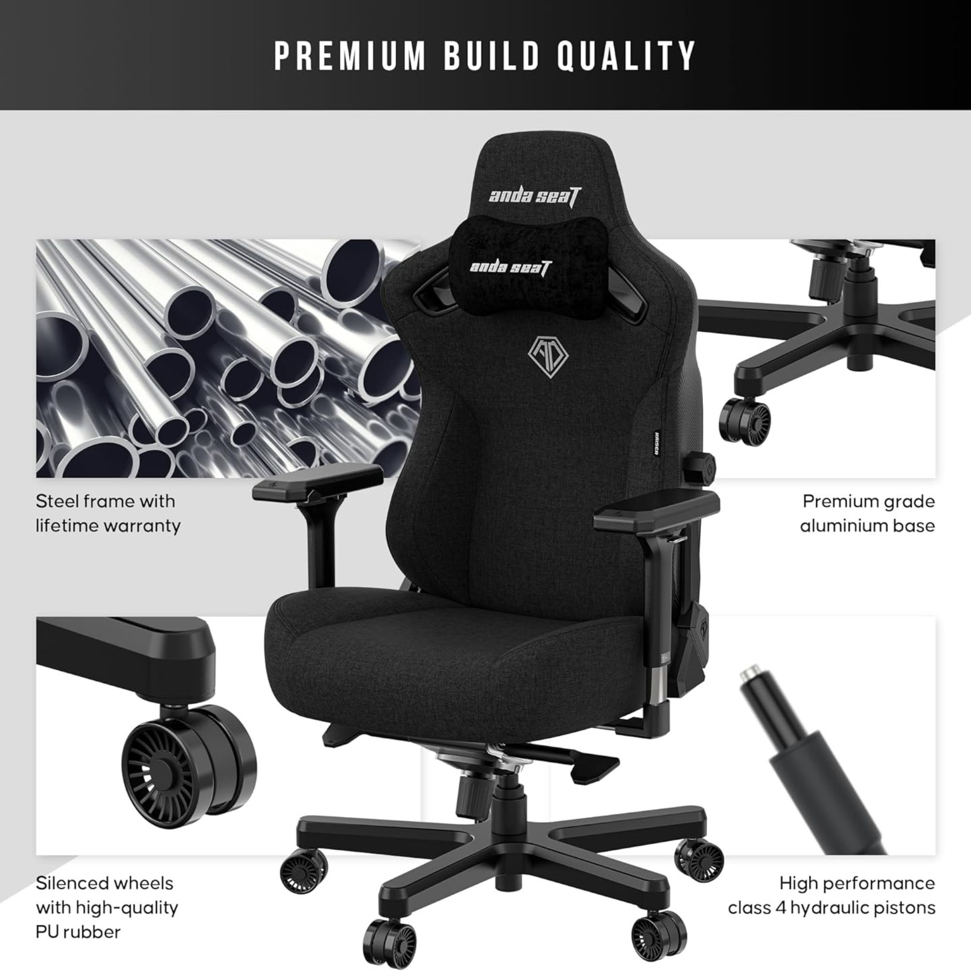 Zwarte gaming stoel met details van het frame, wielen en hydraulische zuigers.