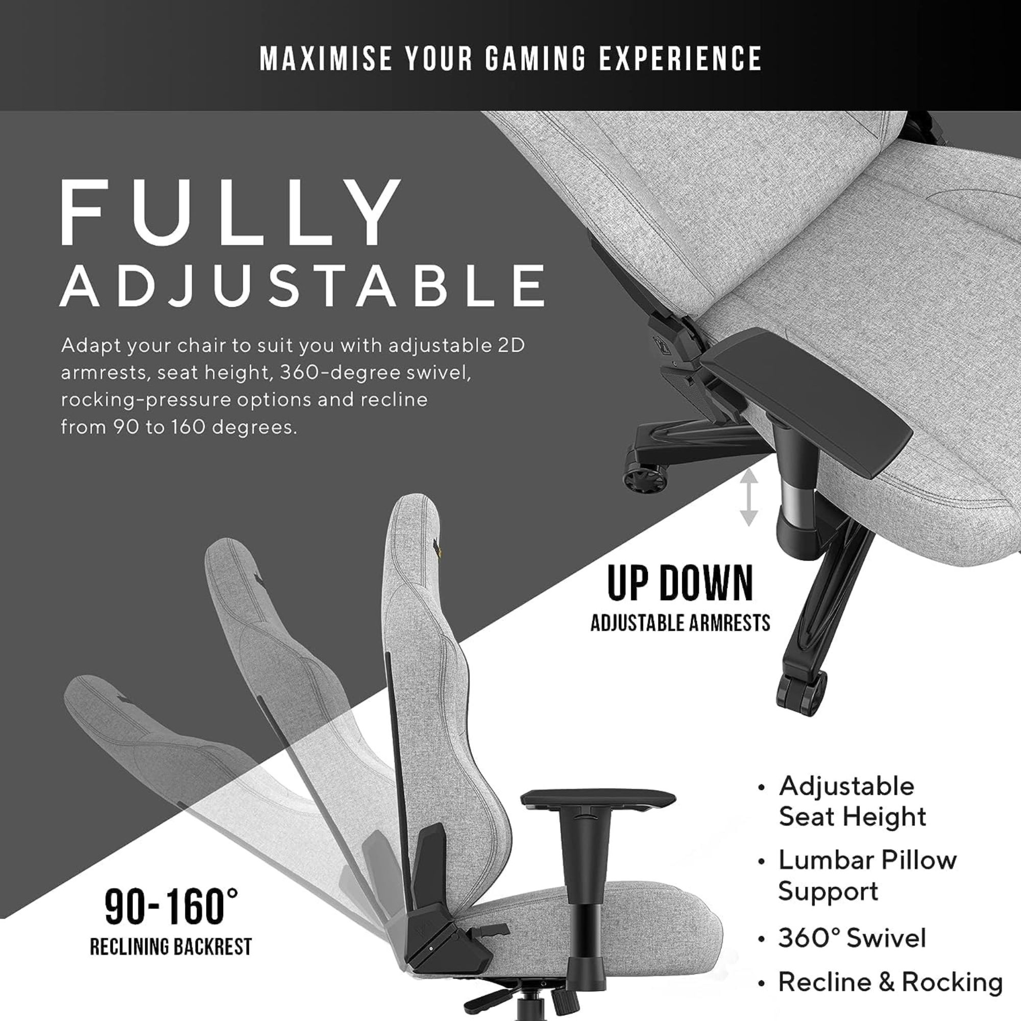 Chaise gaming avec accoudoirs réglables, hauteur d'assise et dossier inclinable, illustré en schéma.