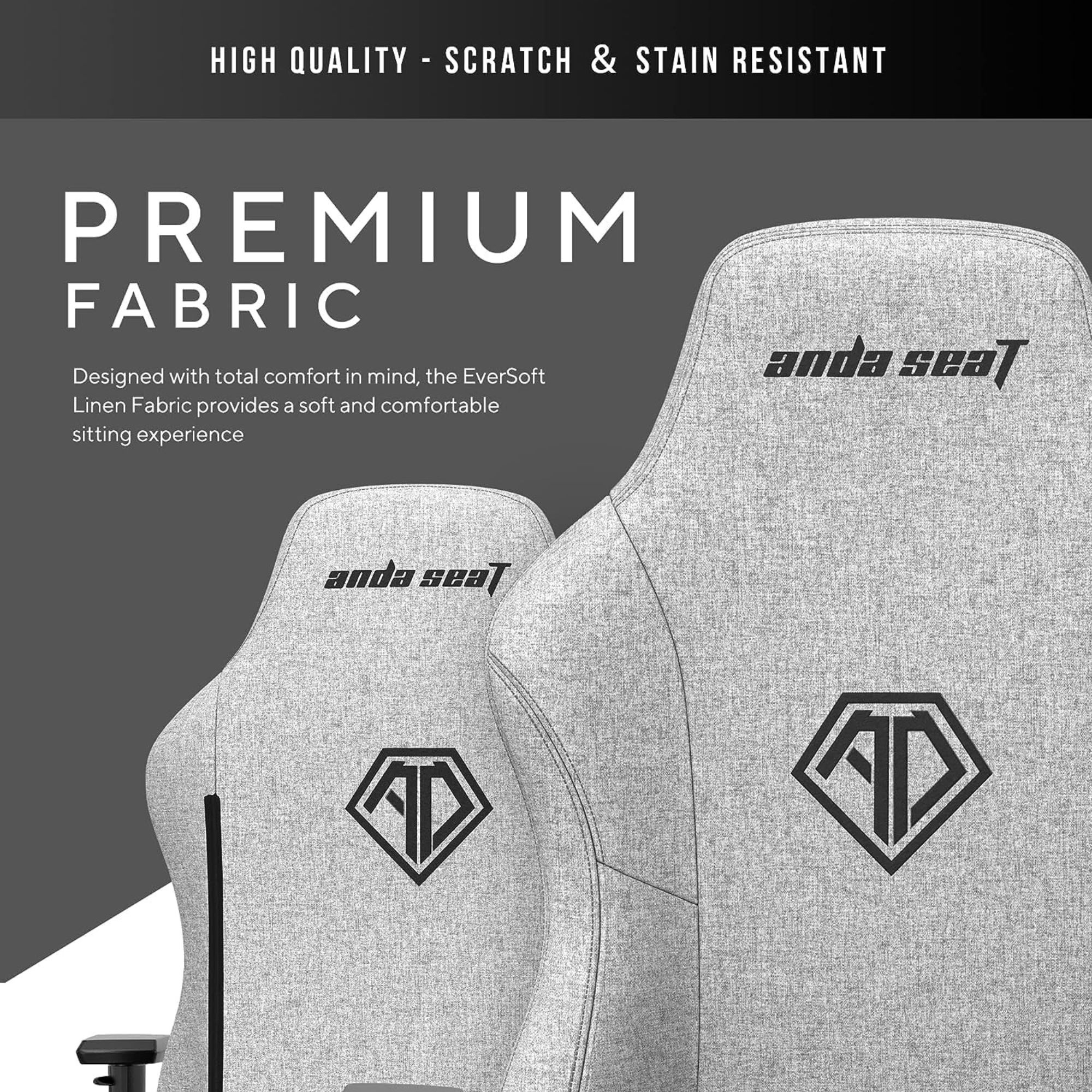 Deux chaises de bureau grises avec le texte 'Premium Fabric' et 'anda seat'.