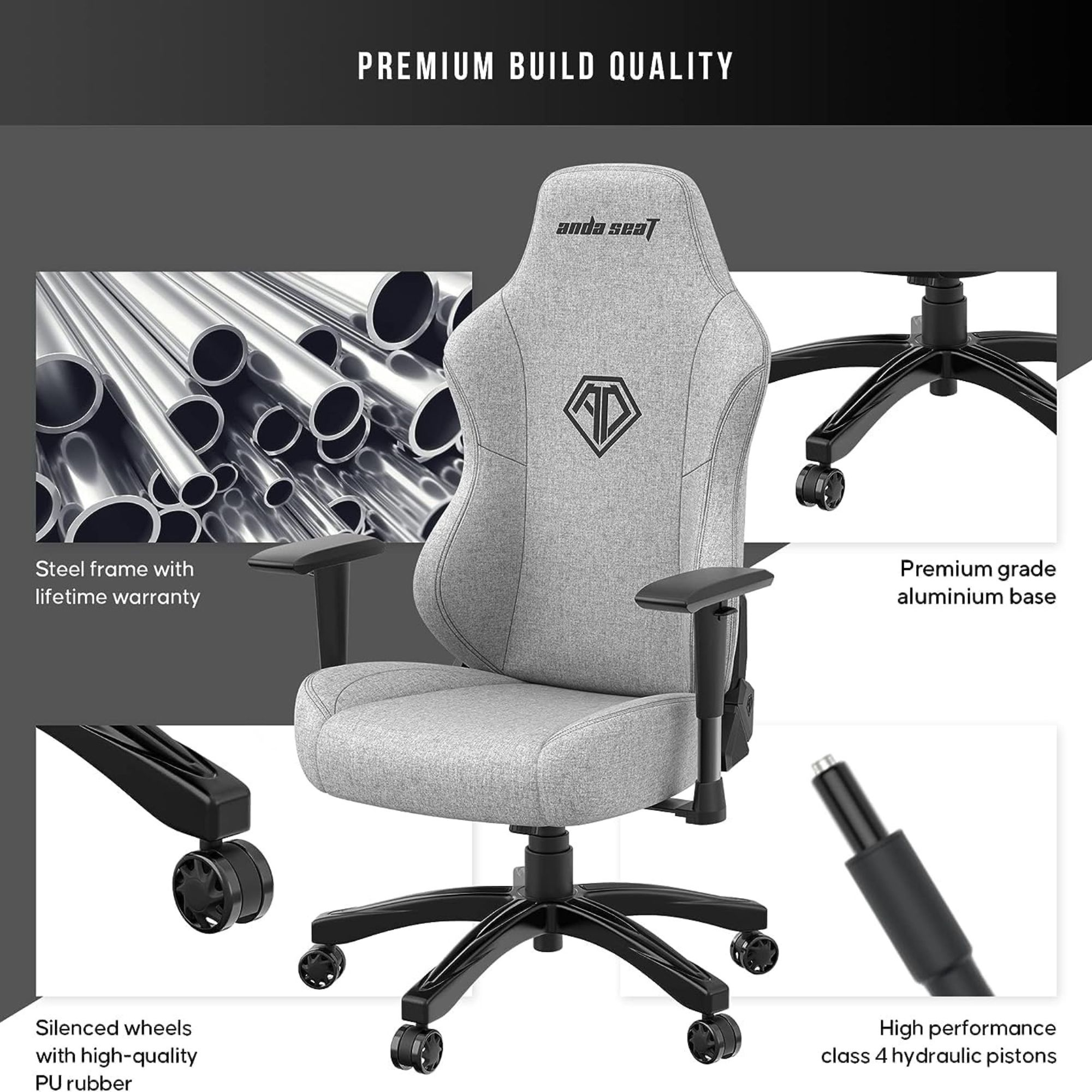 Chaise gaming Anda Seat grise avec base noire. Comprend des roues de haute qualité et des pistons.