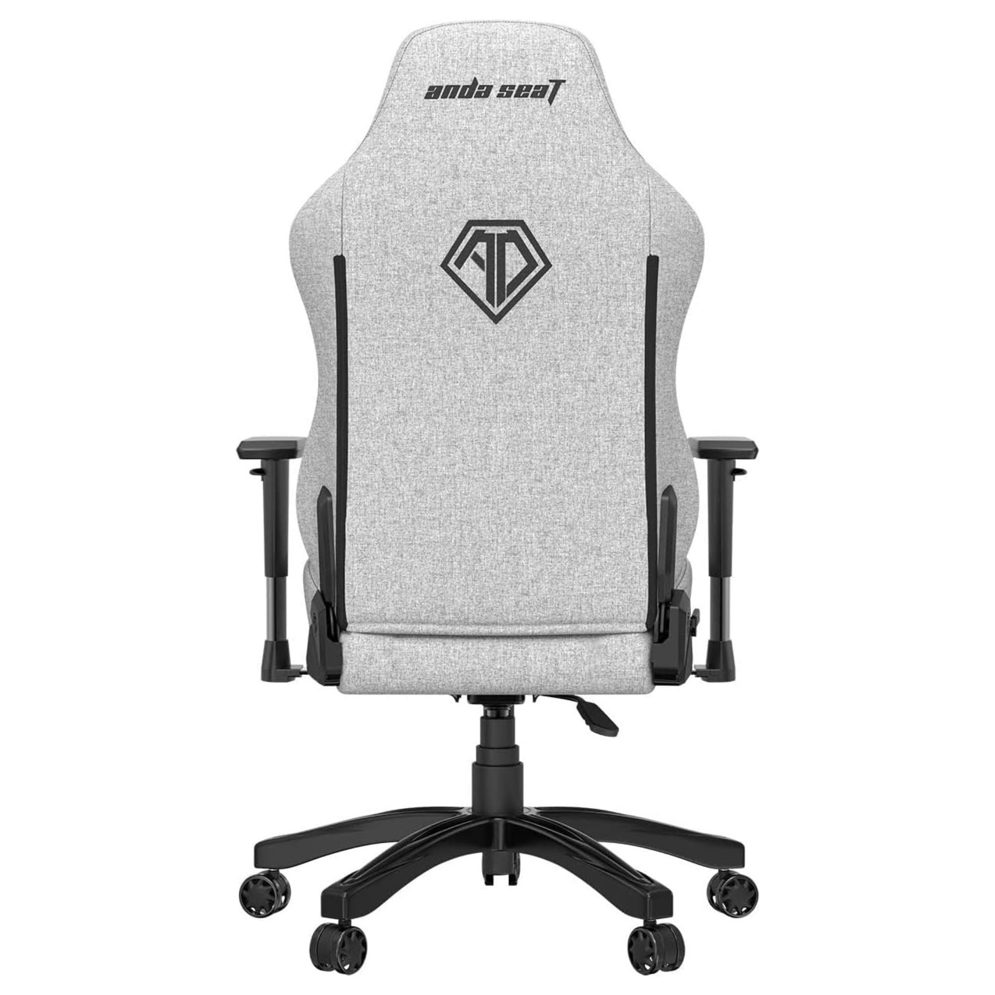 Chaise de jeu, vue arrière, tissu gris, base noire, logo Anda Seat.