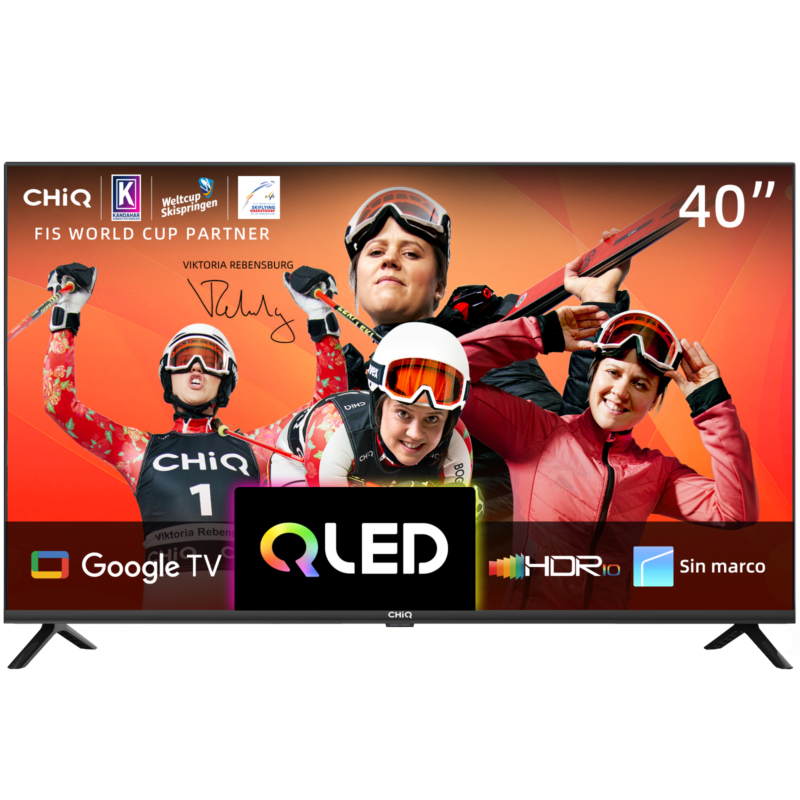 Telewizor CHiQ QLED 40 cali, z narciarzami, logo Google TV, QLED i HDR10.