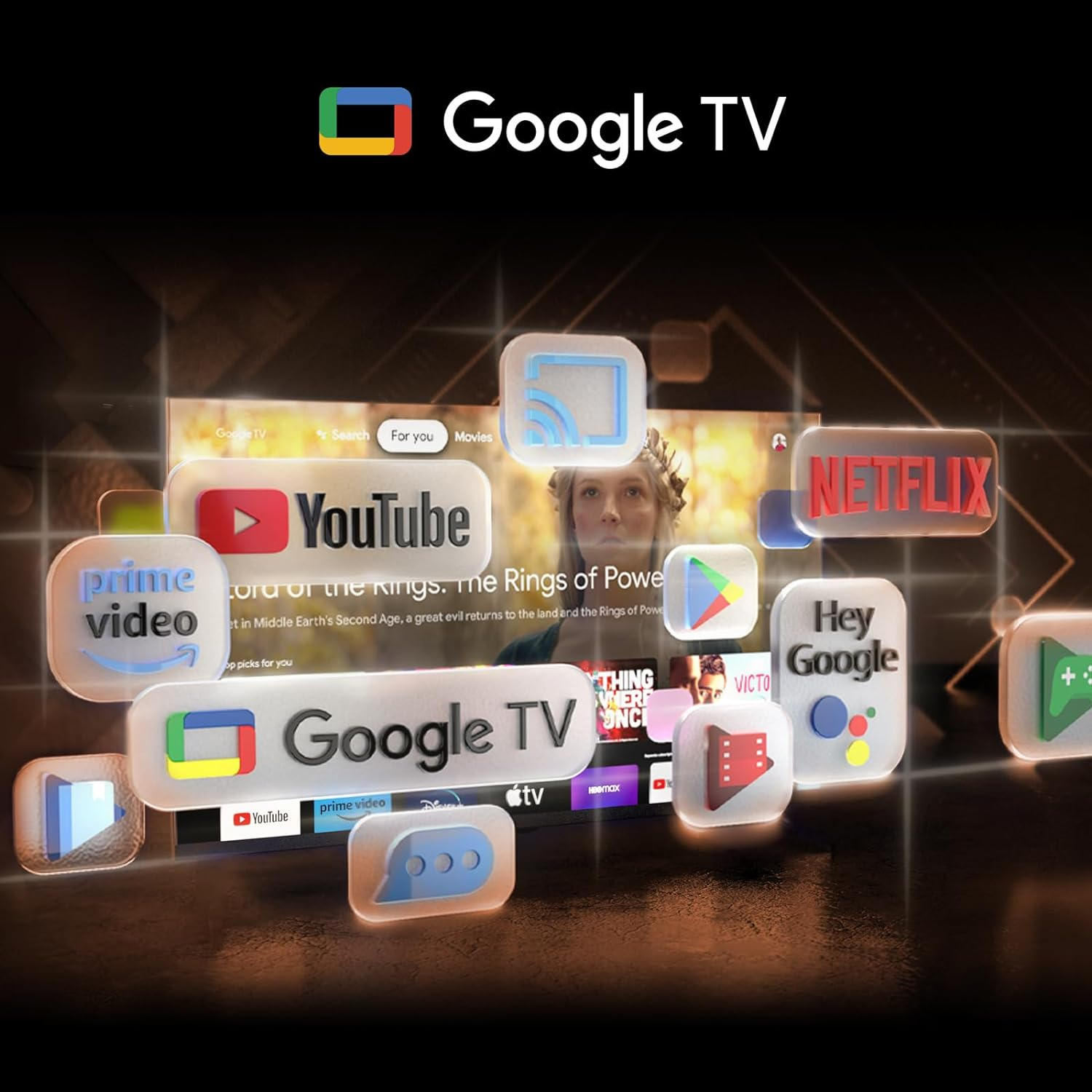Reklama Google TV z logo aplikacji, takich jak Netflix, YouTube, Prime Video. Tło: ekran TV.