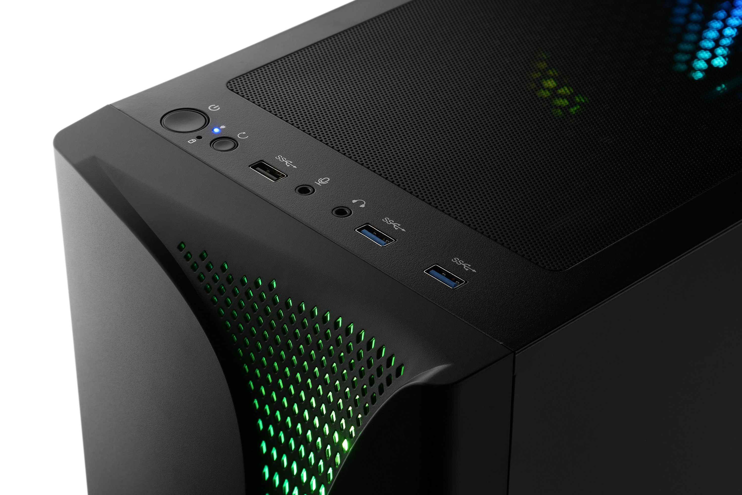 Ein Computergehäuse mit Belüftung, Strom- und USB-Anschlüssen, mit grüner Beleuchtung.