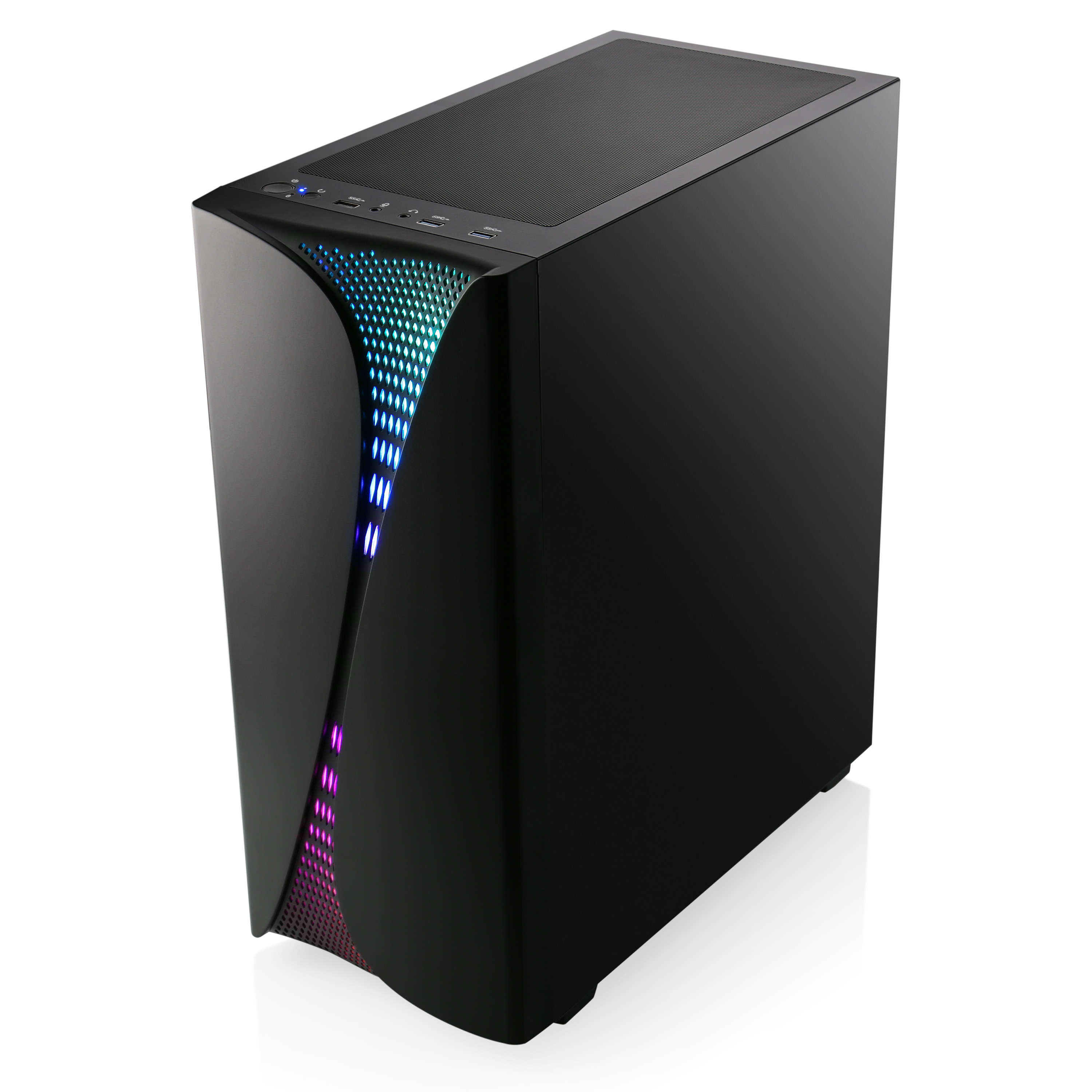 Schwarzes Computergehäuse mit RGB-Beleuchtung auf der Frontplatte. Weißer Hintergrund.