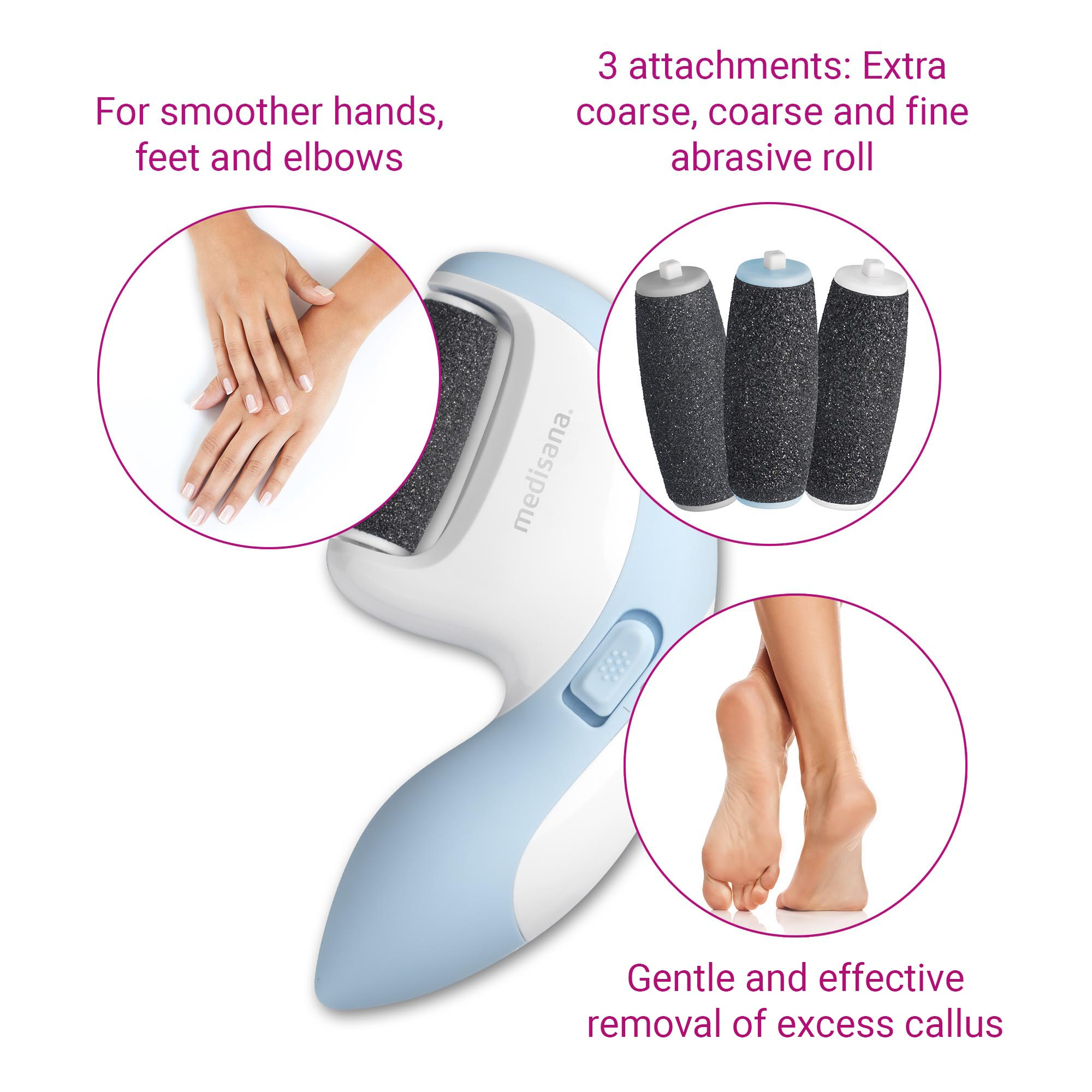 Un appareil de soin des pieds avec des accessoires et des images de mains et de pieds.