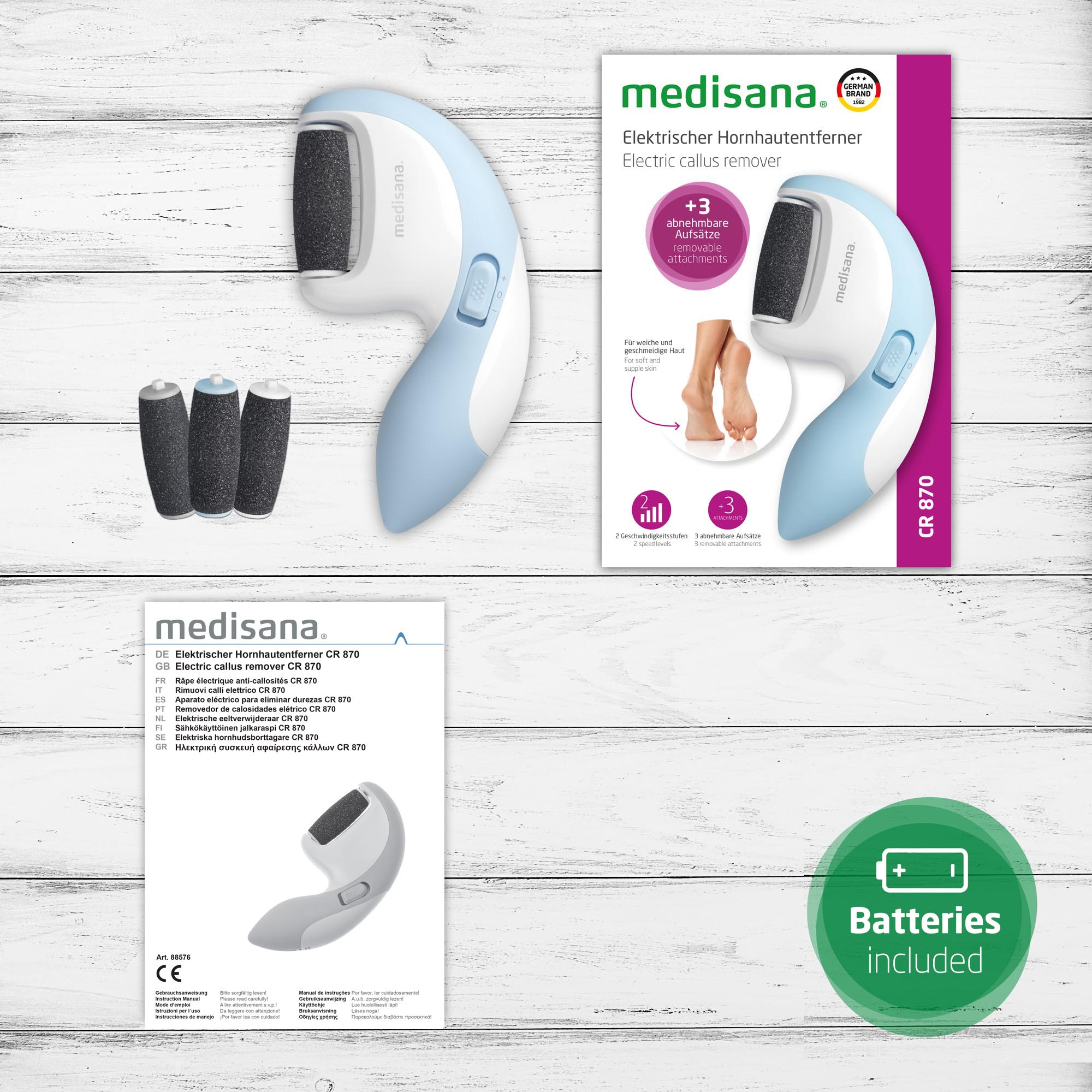 Appareil électrique Medisana pour enlever les callosités et emballage. Appareil, accessoires et boîte.