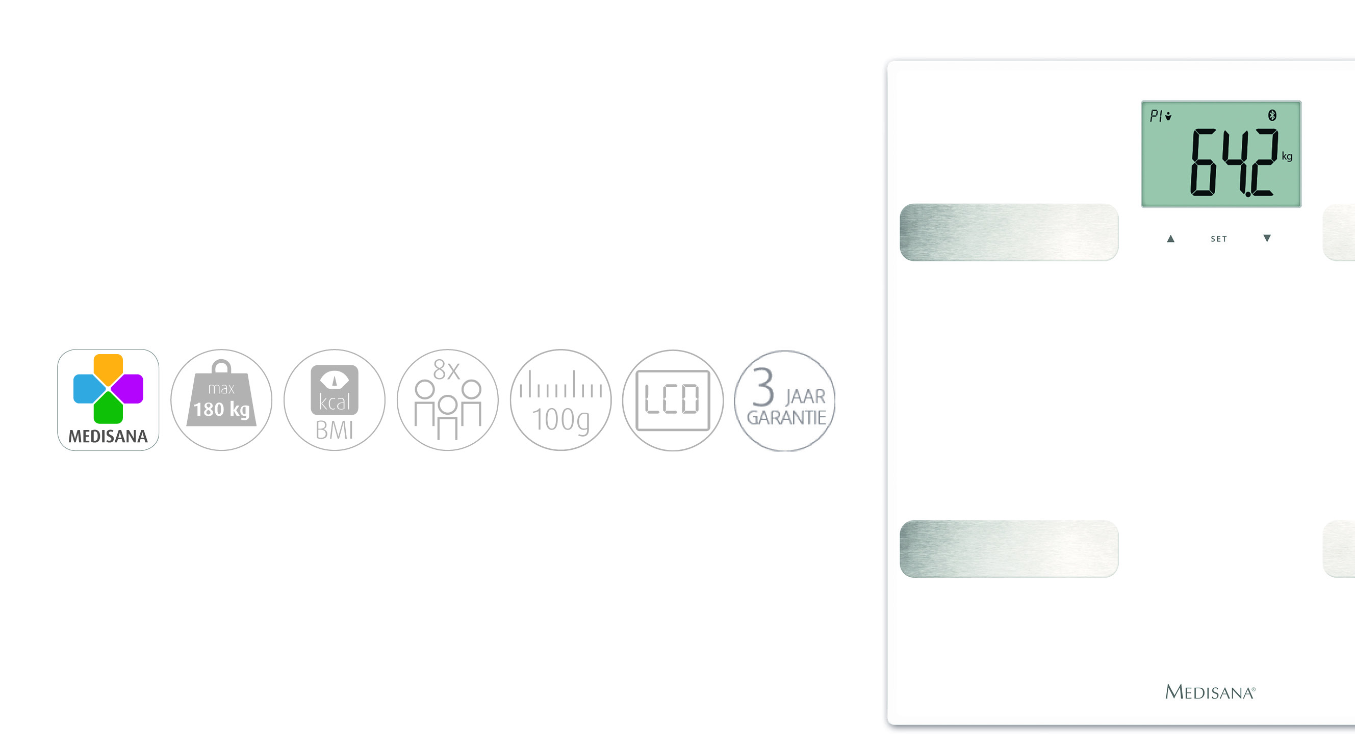 Witte weegschaal met digitale display die 64,2 kg weergeeft, en iconen die verschillende functies aangeven.