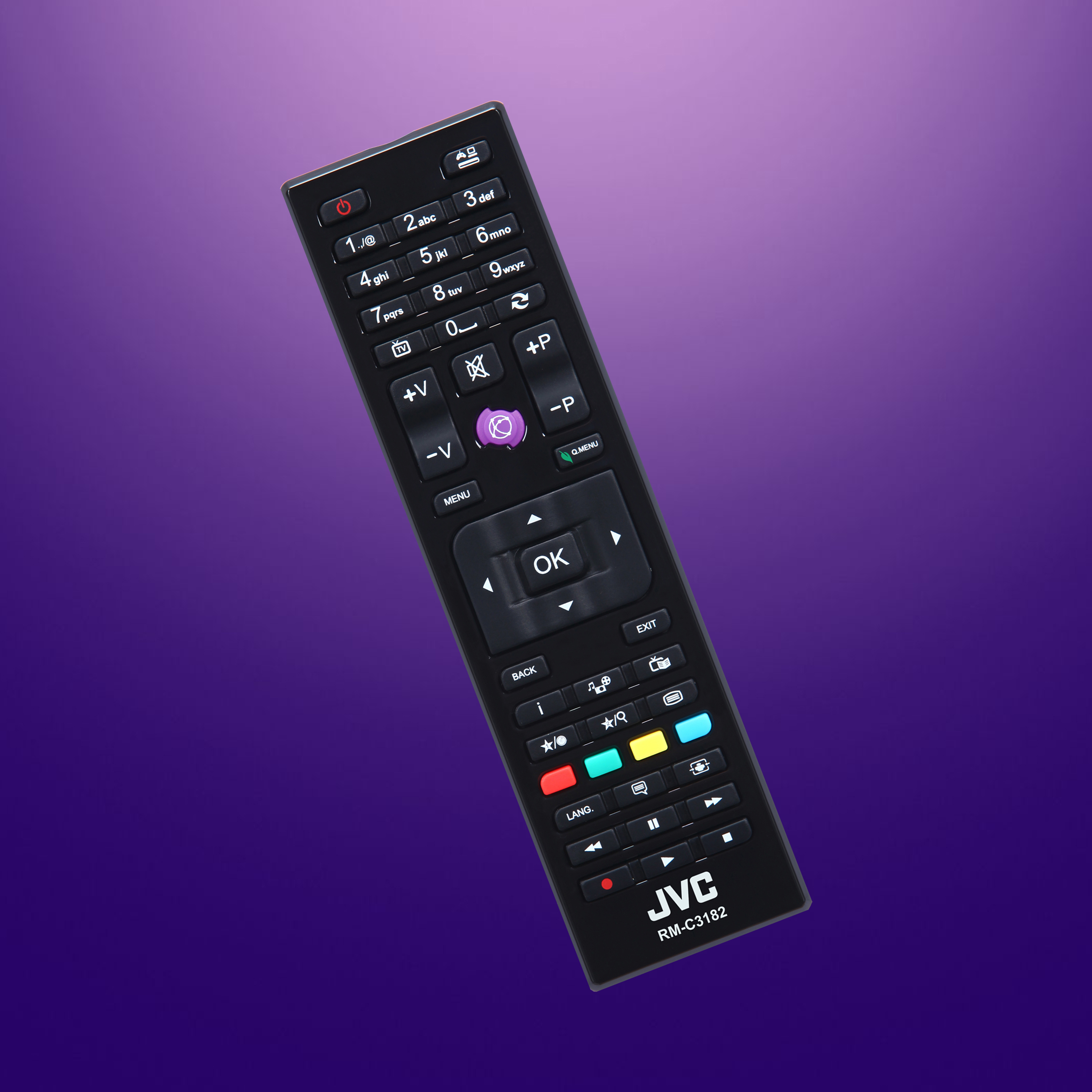 Czarny pilot JVC na fioletowym tle gradientowym. Widocznych wiele przycisków.