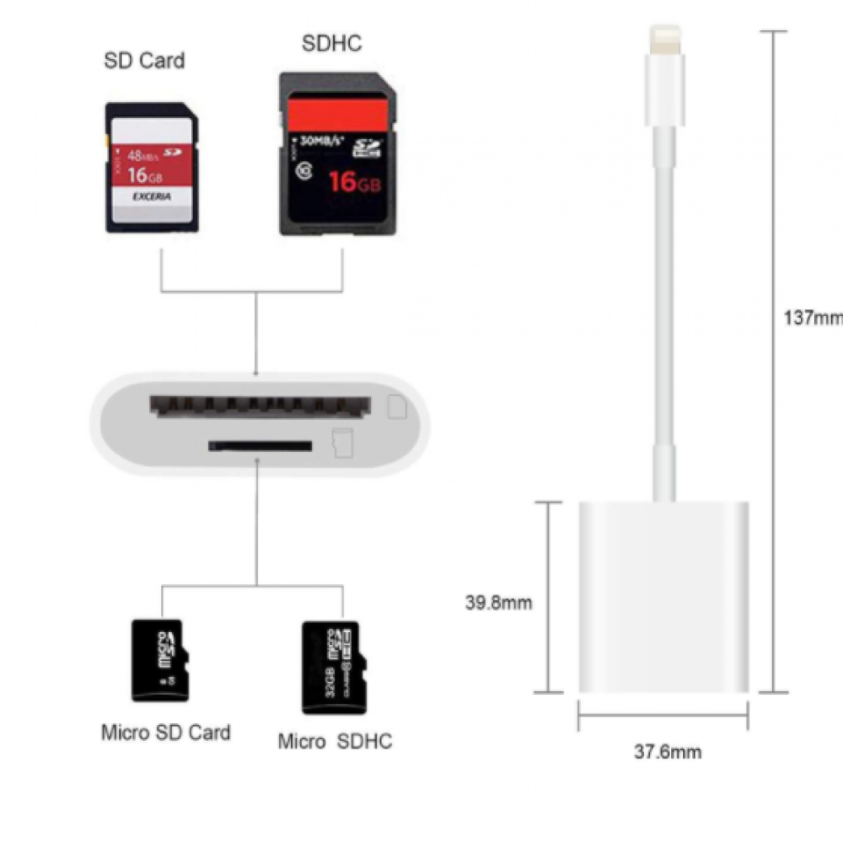 Diagramm von SD-Karten und einem Lightning-Kabeladapter. Zeigt SD-, Micro SD- und Micro SDHC-Karten.