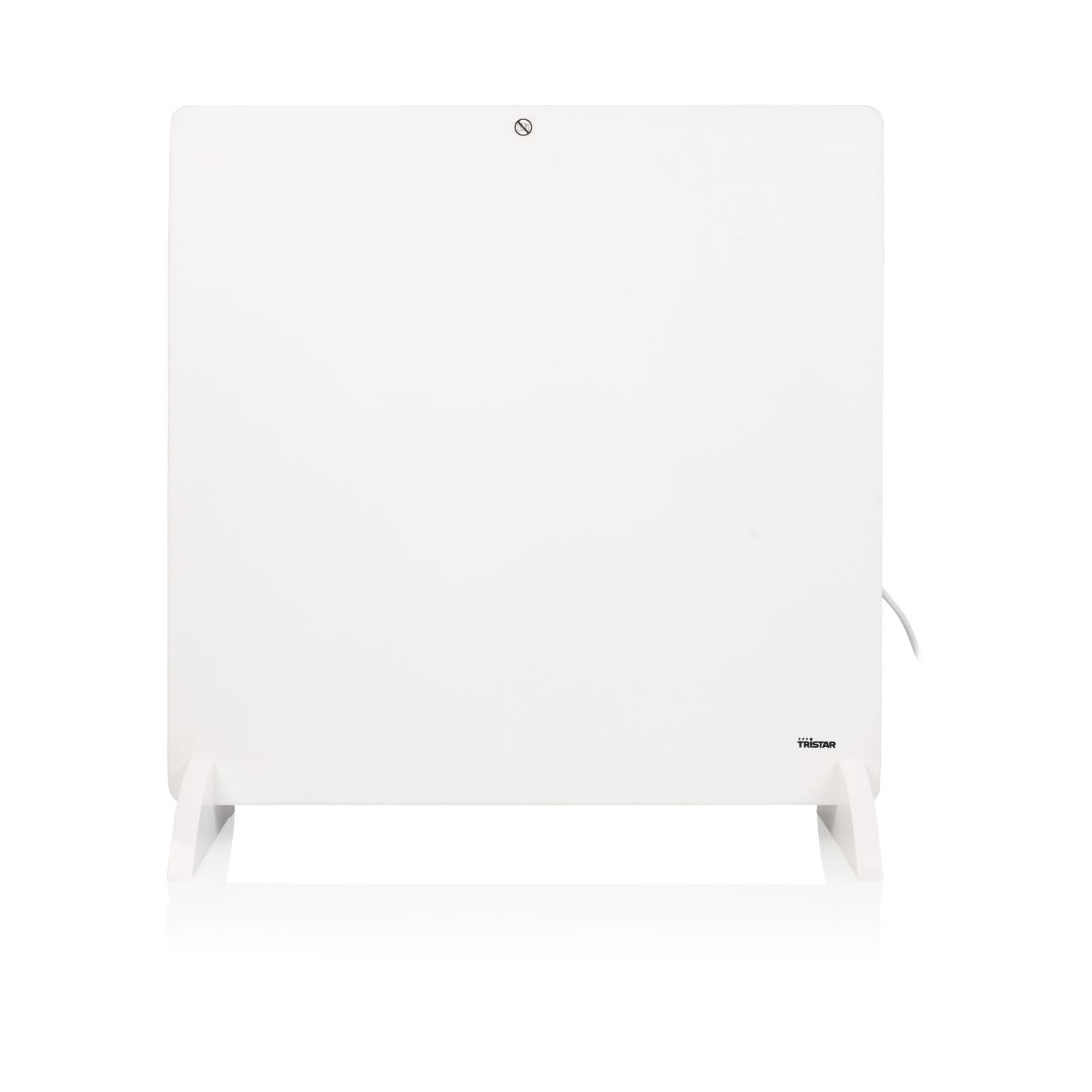 Witte elektrische kachel met een plat paneel en twee witte voeten. Tristar logo onderaan.
