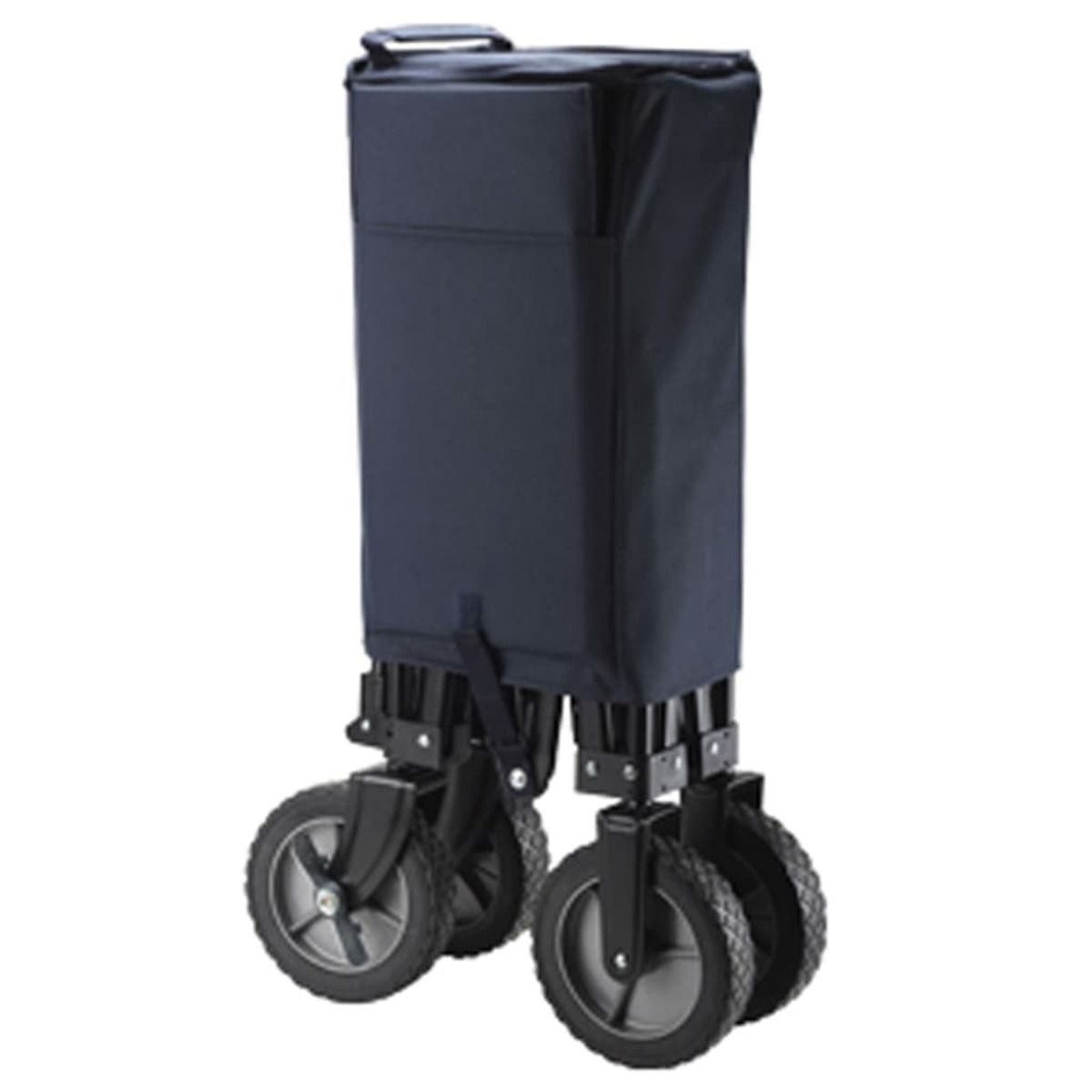 Ein dunkelblauer, zusammenklappbarer Wagen mit vier Rädern und einem Griff.
