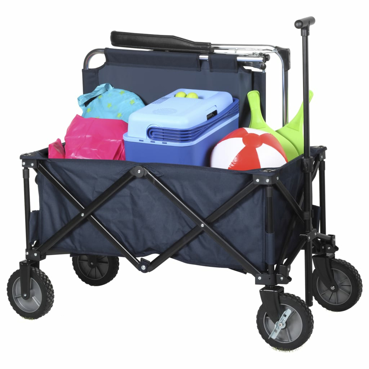 Ein blauer Klappwagen mit Strandutensilien wie einer Kühlbox und einem Ball.