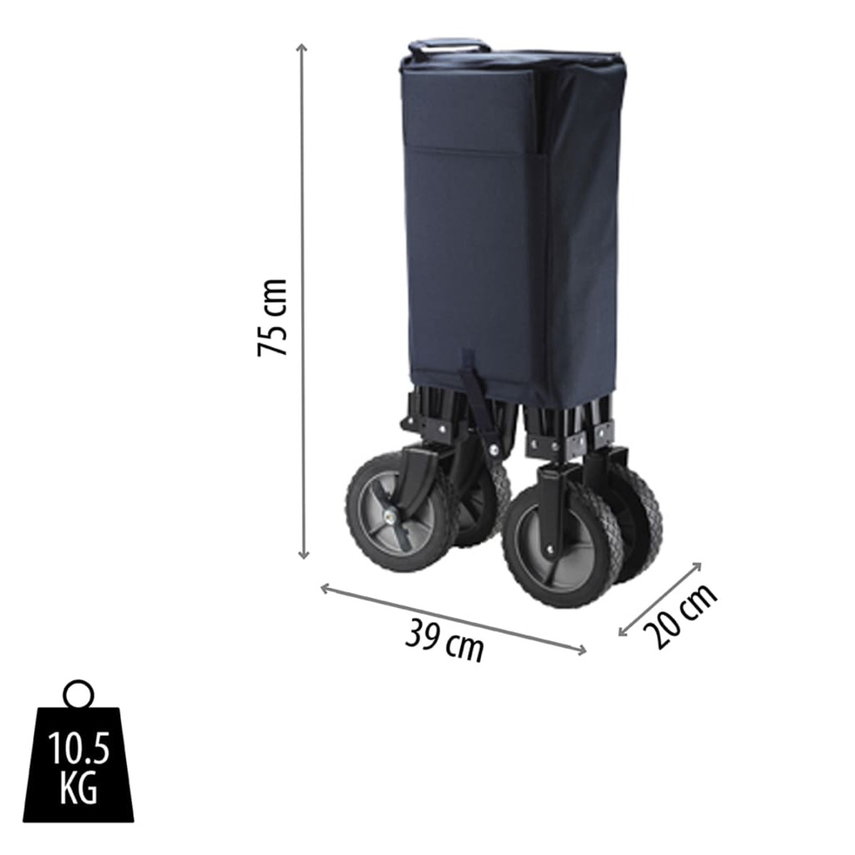 Dunkelblauer zusammenklappbarer Wagen mit Rädern, 75 cm hoch, 39 cm breit, 20 cm tief.