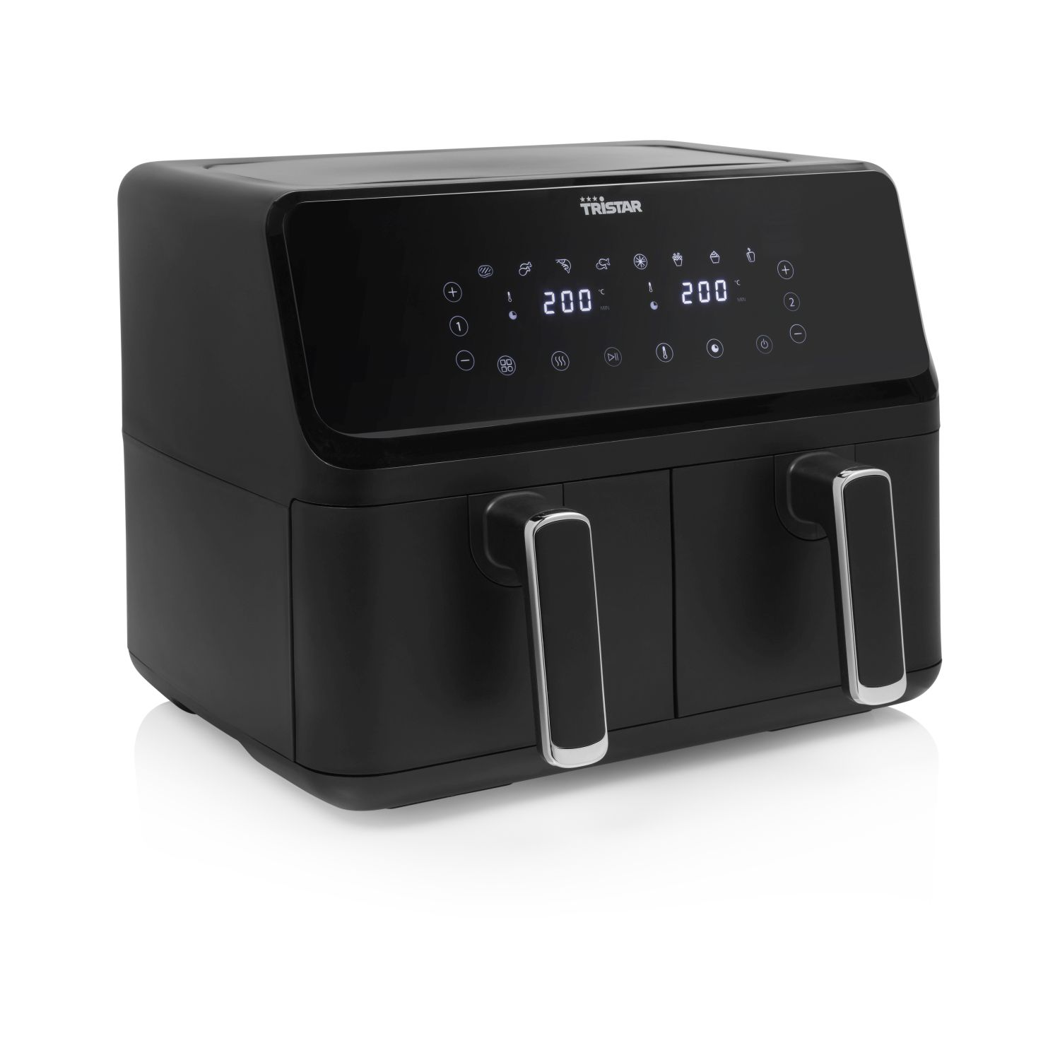 Friggitrice ad aria doppia nera con display digitale. Ha due maniglie e il marchio è Tristar.