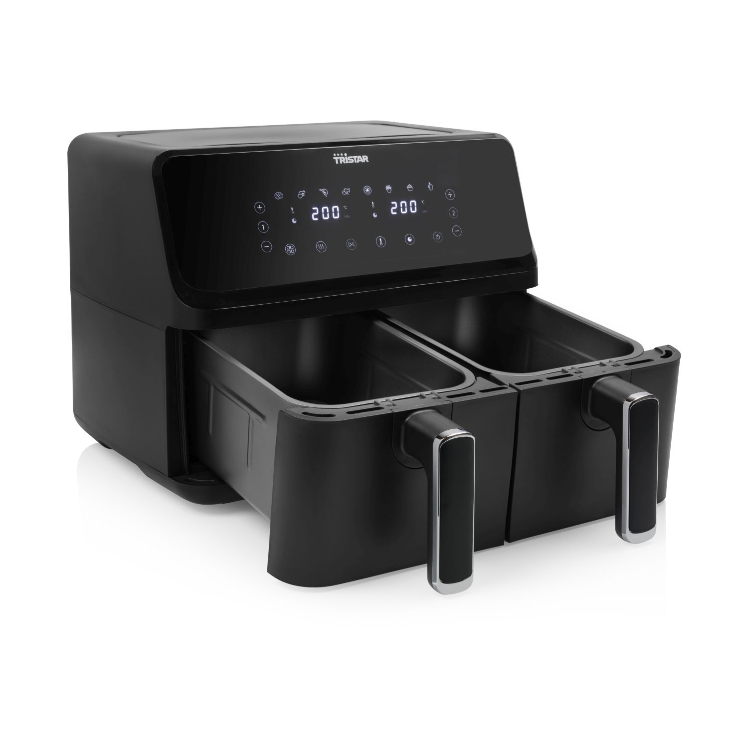 Friggitrice ad aria nera con due cassetti, display digitale e maniglie. Sfondo bianco.