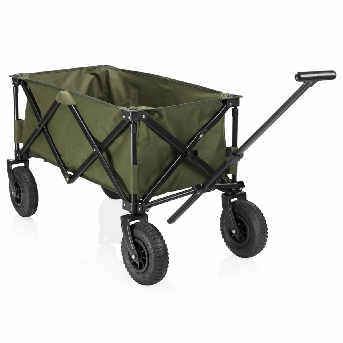 Carrello pieghevole verde con telaio in metallo nero e quattro ruote.
