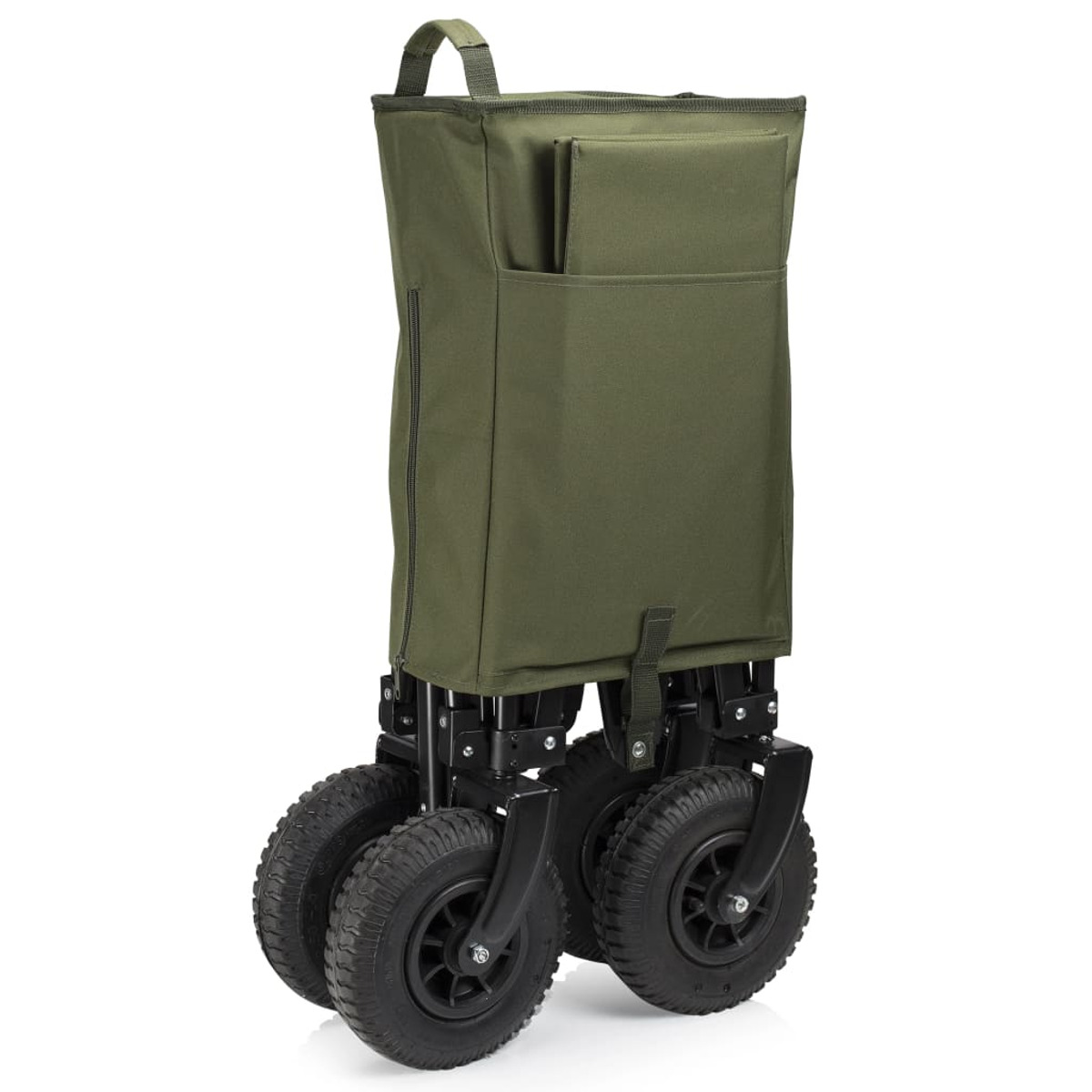 Un carrello in tessuto verde con quattro ruote nere, piegato.