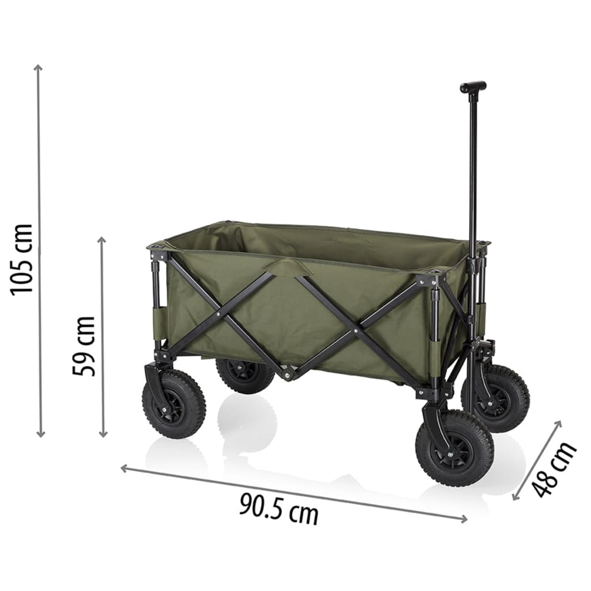 Carrello pieghevole verde con ruote e manico neri. Dimensioni indicate.