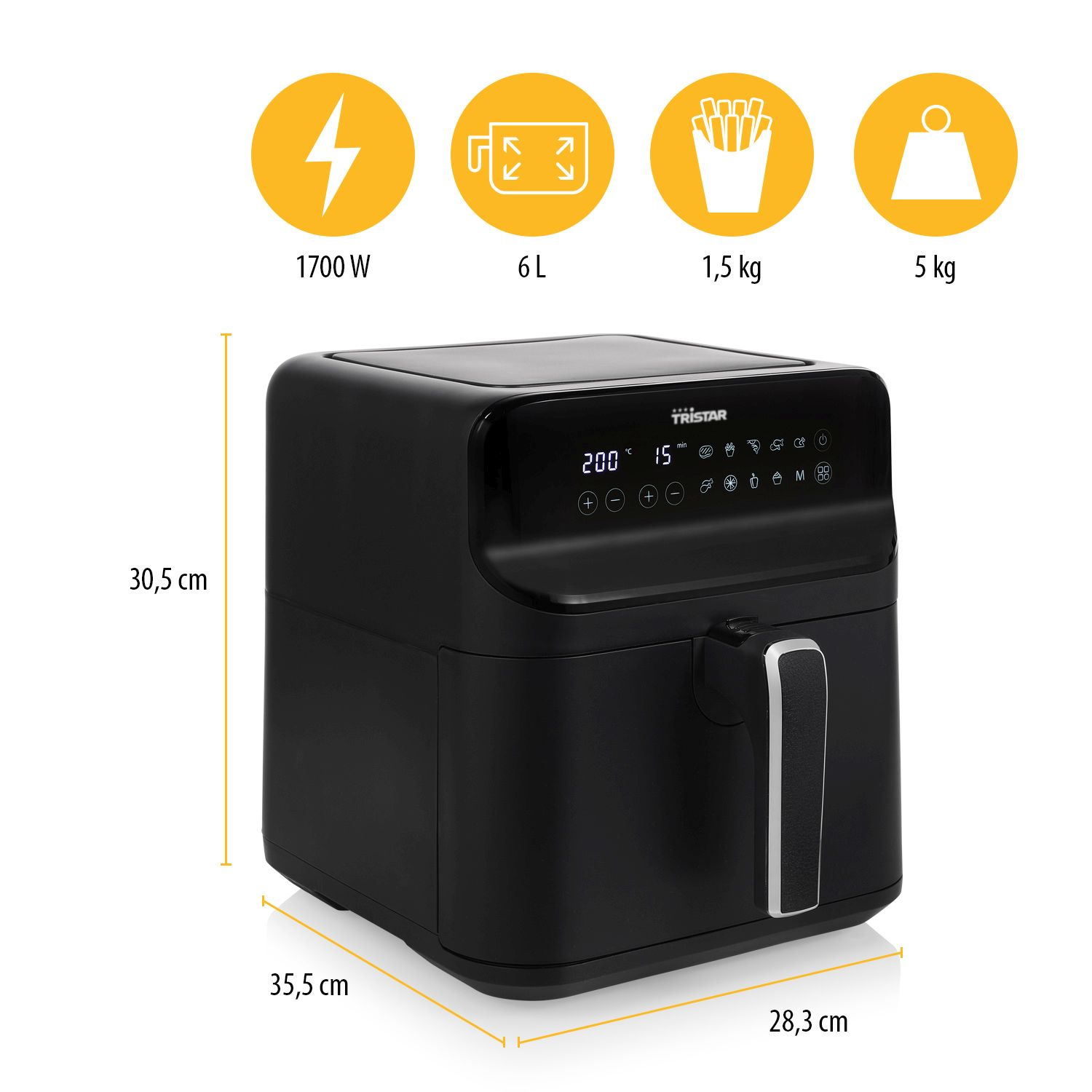 Czarna frytkownica powietrzna z panelem sterowania i uchwytem. Ikony: błyskawica, dzbanek, frytki, waga.