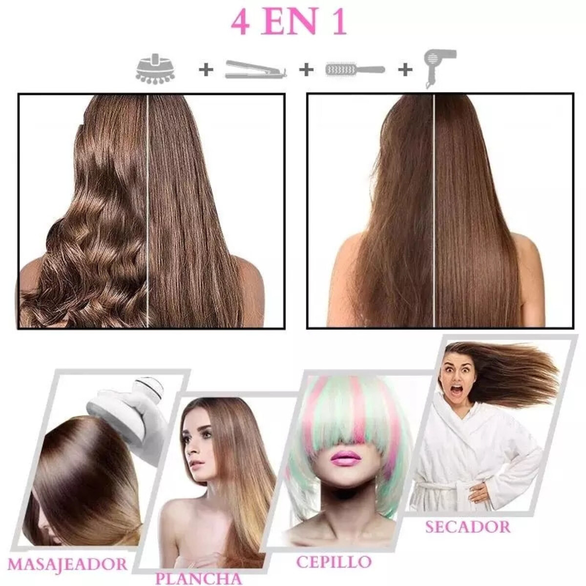 Imagen que muestra 4 herramientas y resultados de peinado. Se muestran un secador de pelo, una plancha, un cepillo y un rizador.