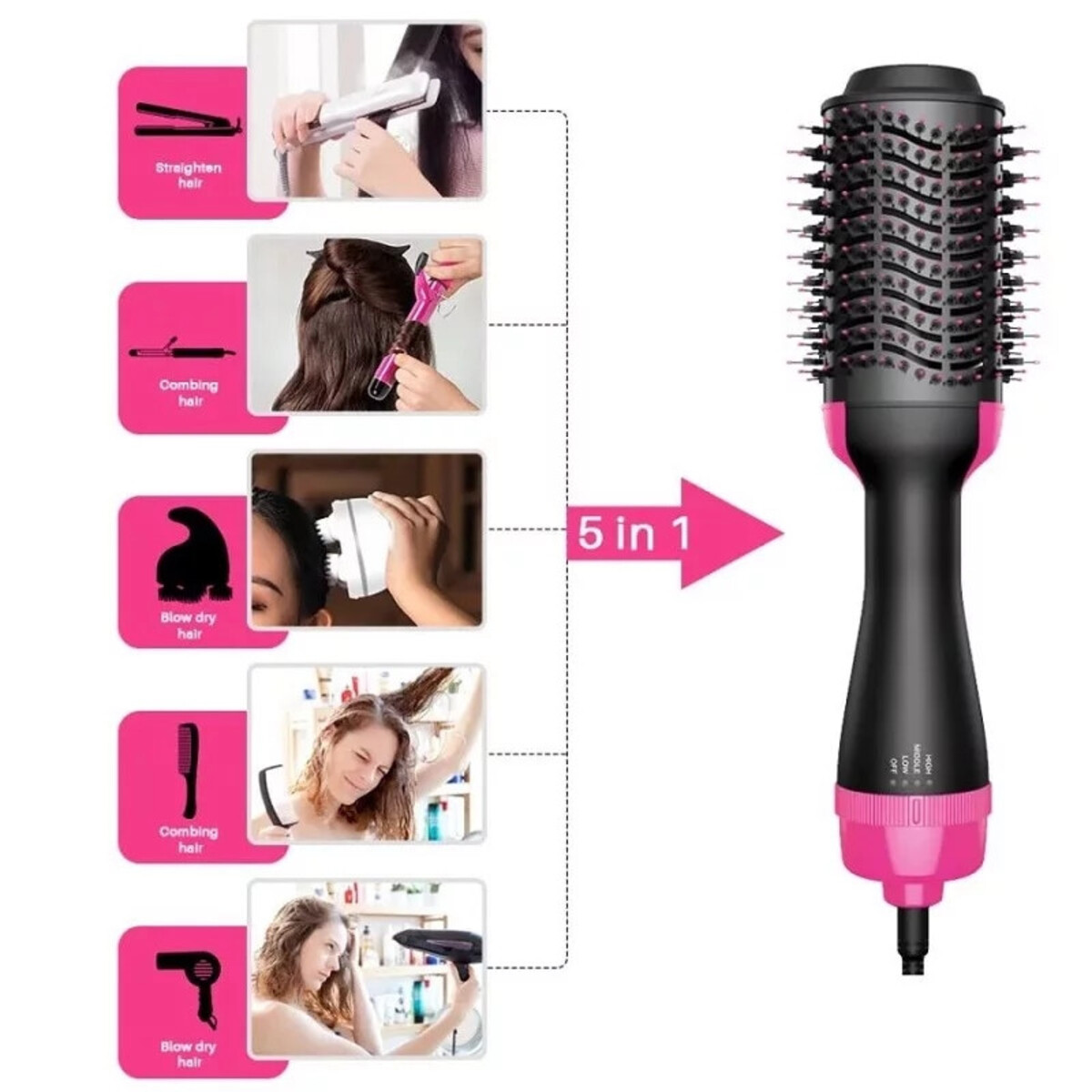 Moldeador de cabello 5 en 1. Alisa, riza, seca y peina el cabello. Diseño rosa y negro con múltiples accesorios.