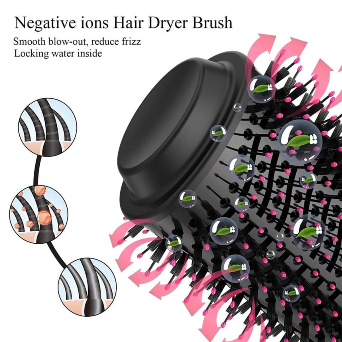 Cepillo secador de pelo negro con flechas rosas e ilustraciones de burbujas de agua.