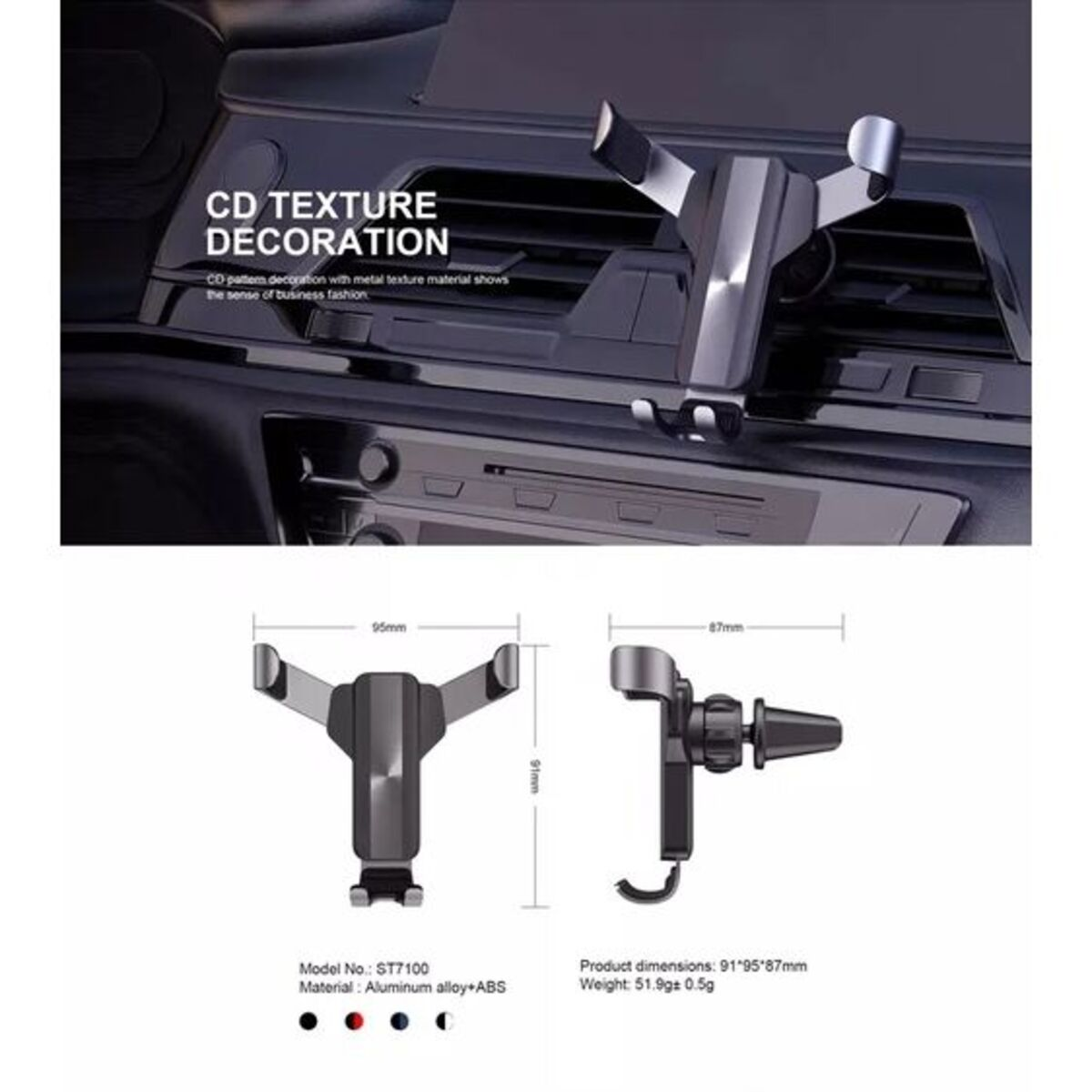 Soporte para teléfono de coche montado en el salpicadero. Es plateado con un diagrama de las dimensiones del producto.