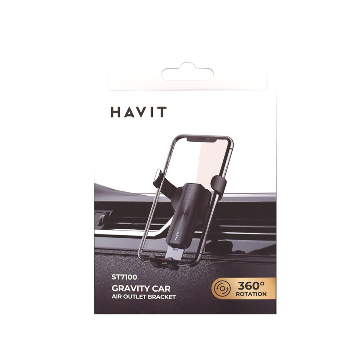 Soporte para teléfono de coche en una caja. Es negro y tiene una función de rotación de 360 grados.