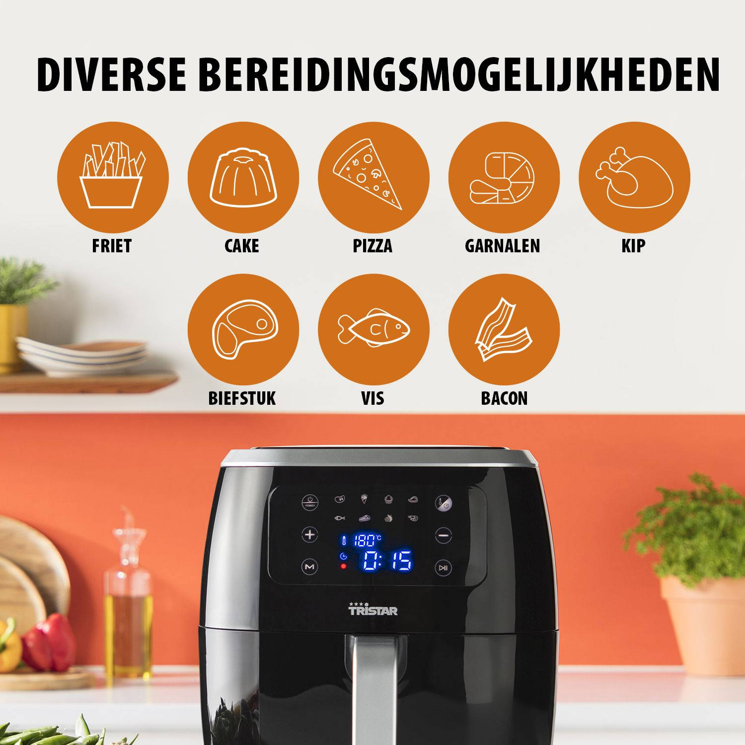 Eine Heißluftfritteuse mit Display und Symbolen für Lebensmittel, darunter Pommes, Kuchen, Pizza und Hähnchen.