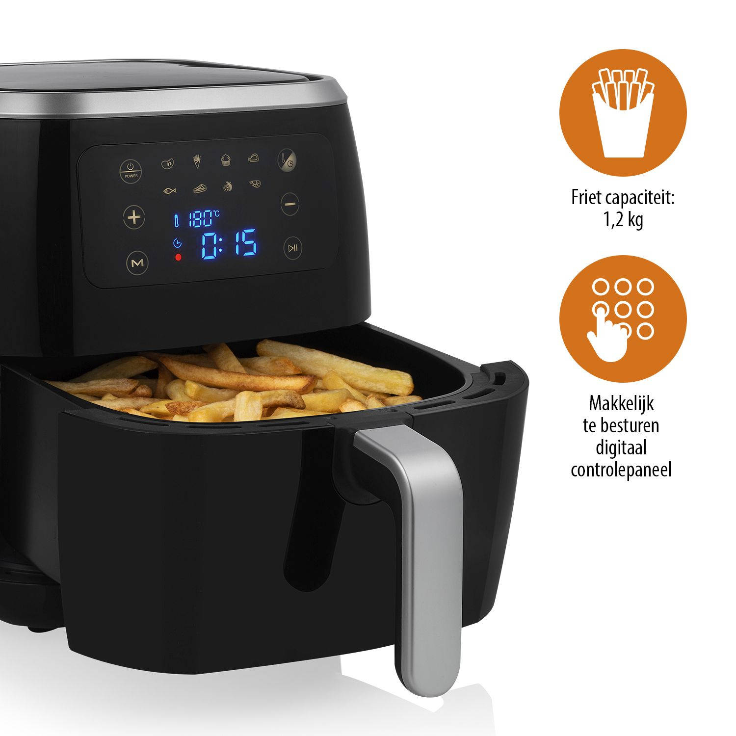 Schwarze Heißluftfritteuse mit Pommes Frites, Digitalanzeige mit Zeit und Temperatur, orangefarbene Symbole.