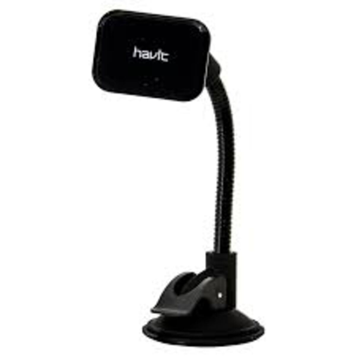 Soporte negro para teléfono de coche con cuello flexible y ventosa.