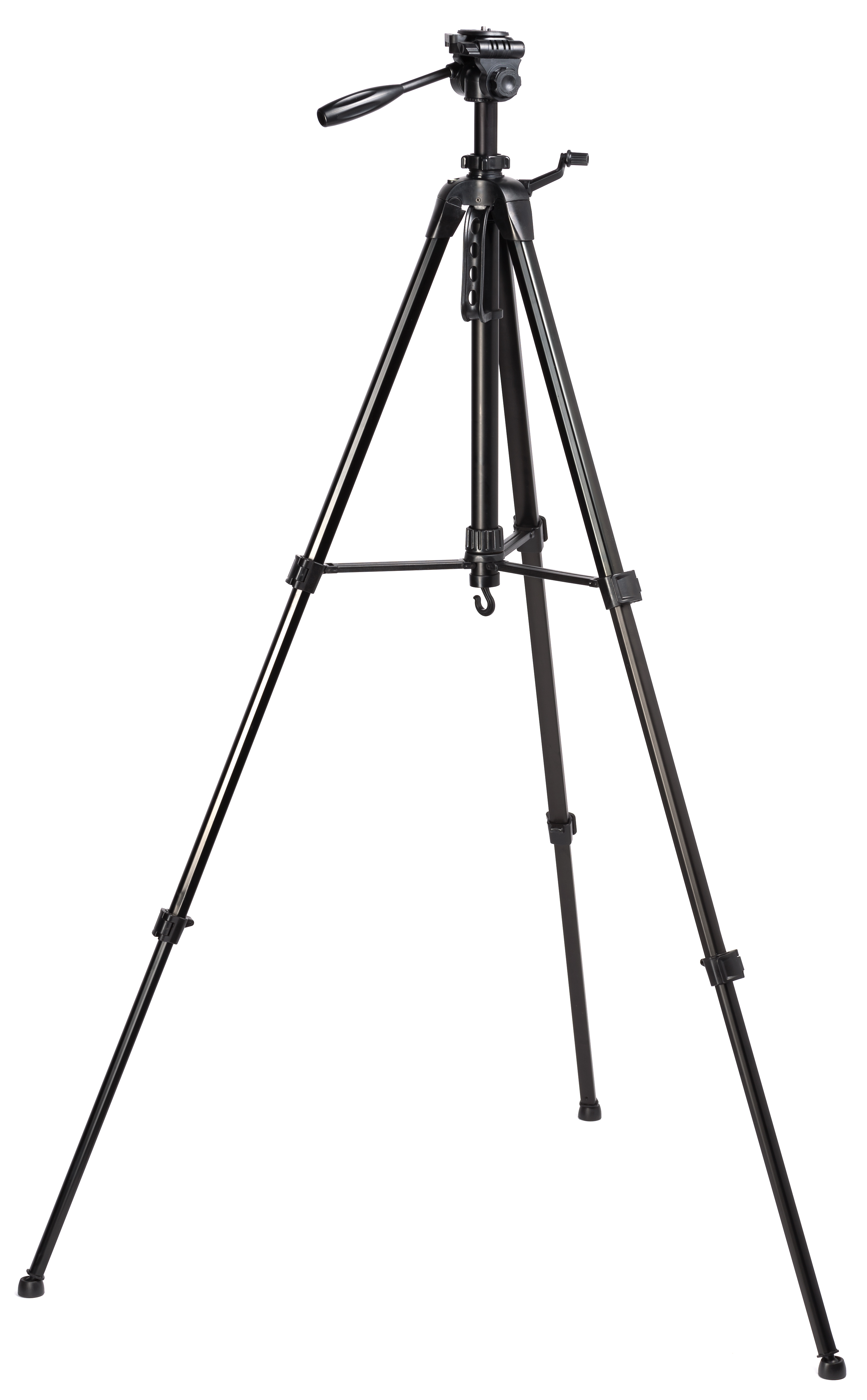 Trípode negro con tres patas extendidas. La parte superior tiene un soporte para cámara y un mango.