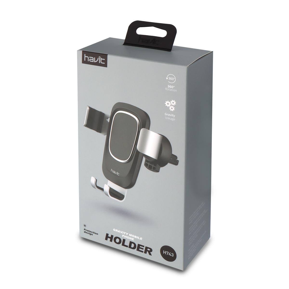 Una caja para un soporte de teléfono para coche, con el soporte visible, gris y negro. La caja tiene un asa.