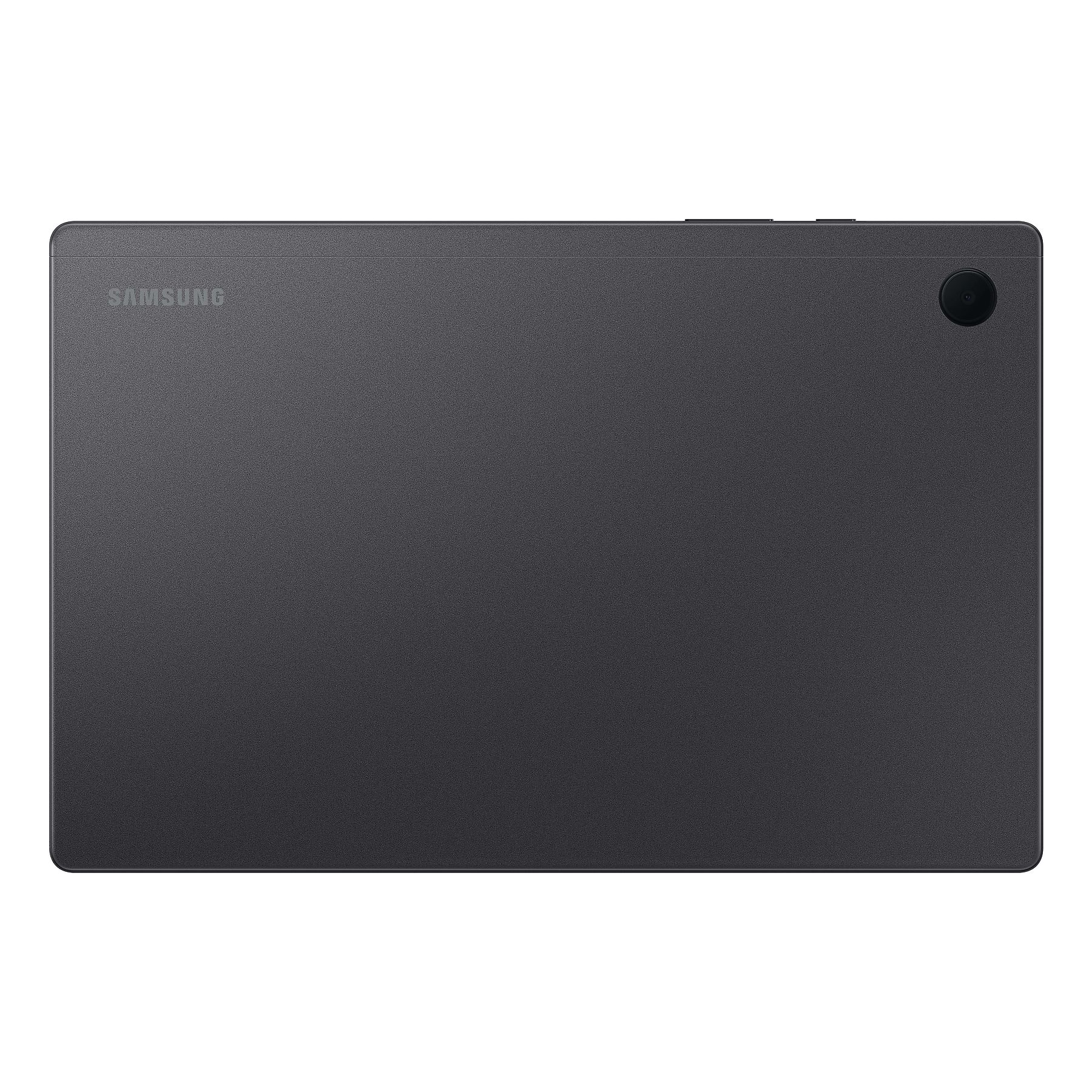 Dunkelgraues Tablet, Rückansicht, mit Samsung-Logo und Kameraobjektiv. Weißer Hintergrund.