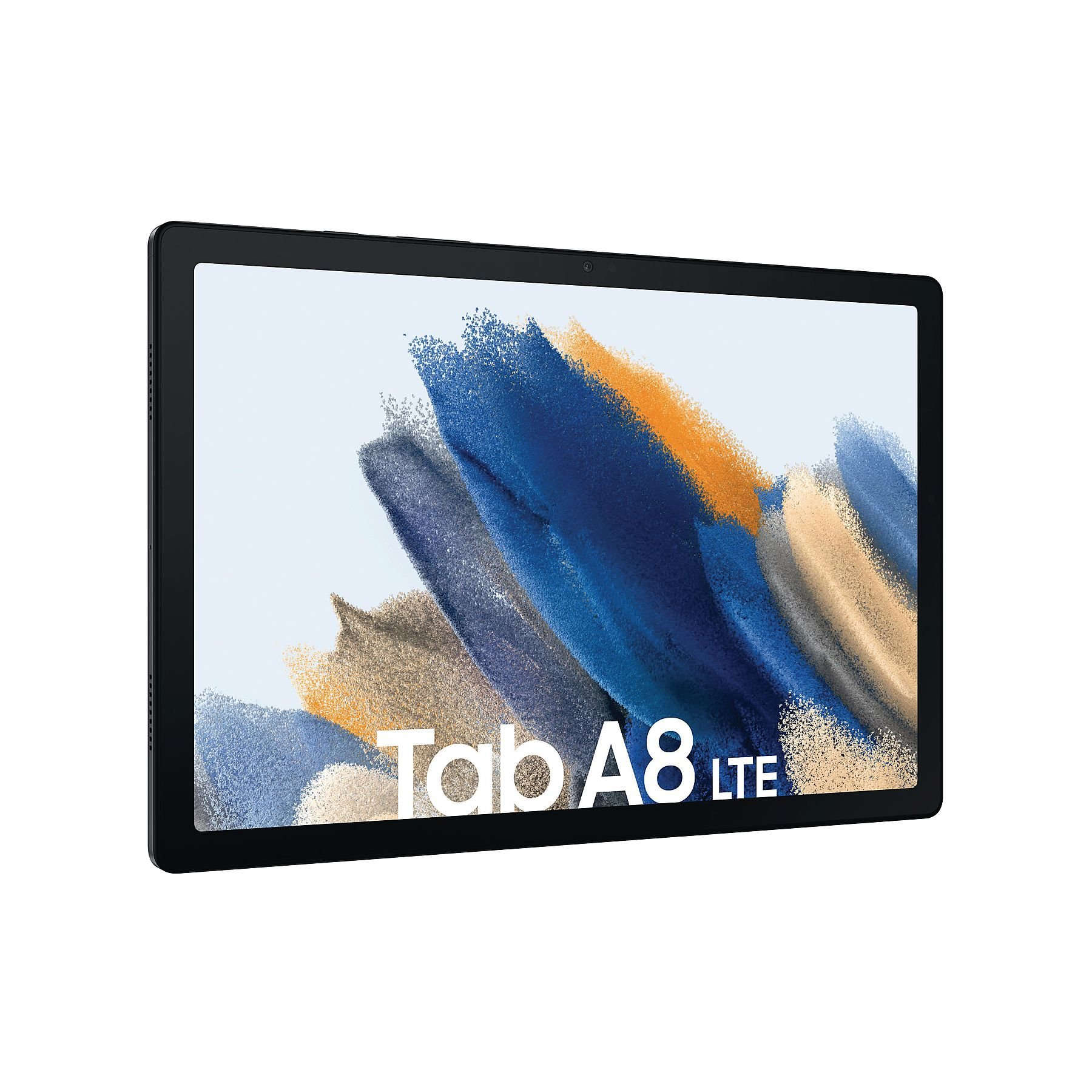 Schwarzes Tablet mit großem Bildschirm, der bunte abstrakte Formen anzeigt, weißer Hintergrund.