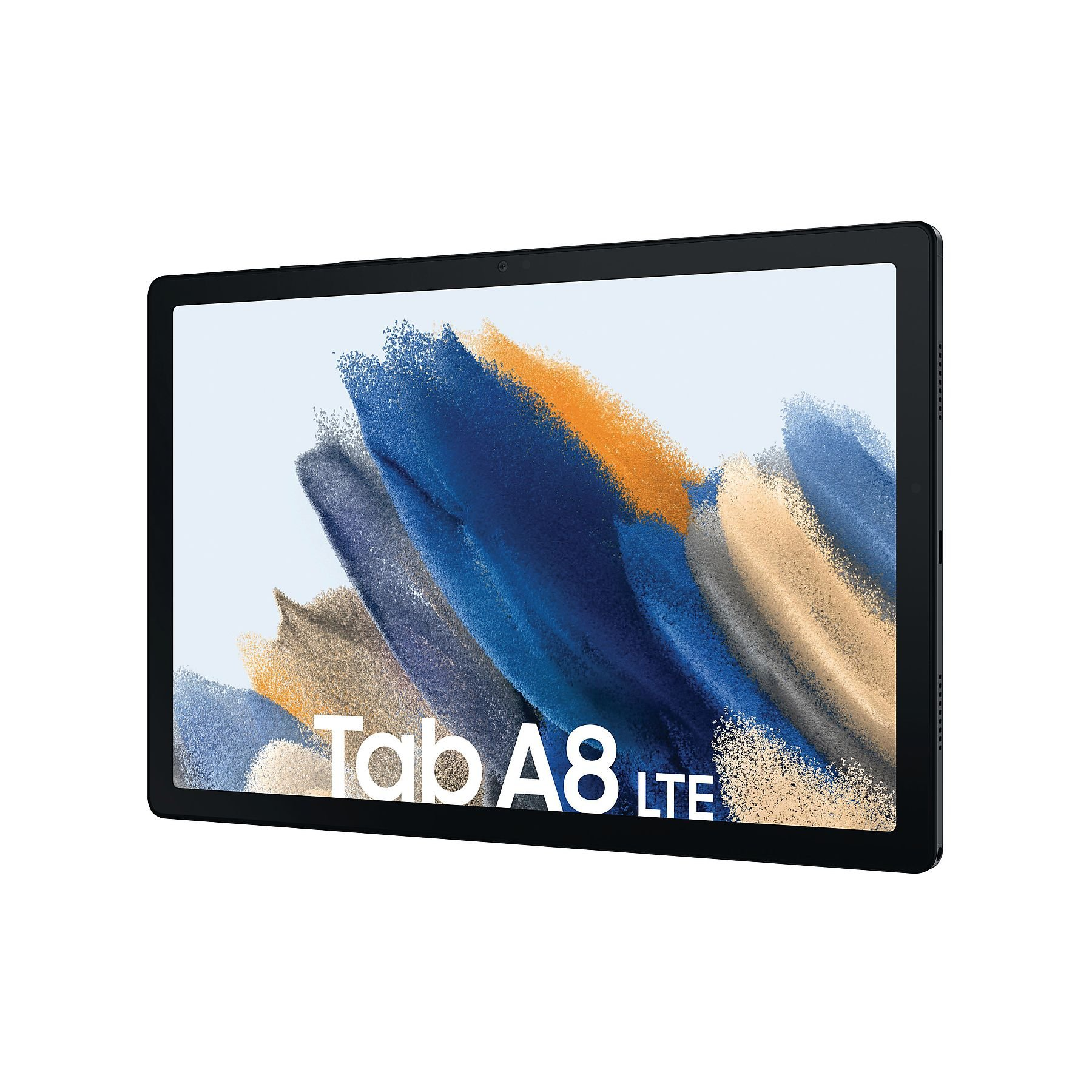 Schwarzer Tablet-Computer mit den Worten 'Tab A8 LTE' auf dem Bildschirm.