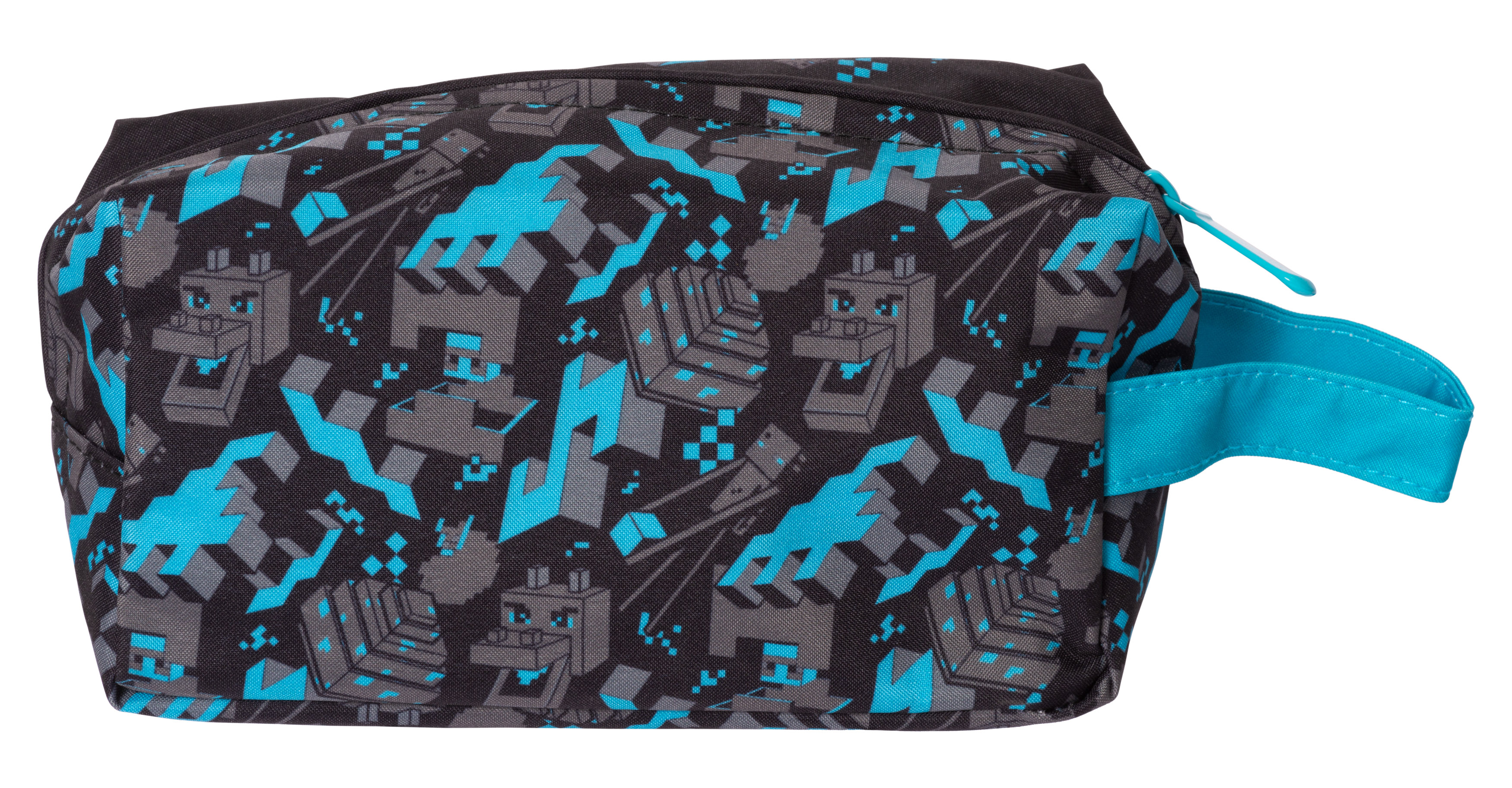 Ein schwarzes und blaues Federmäppchen im Minecraft-Design auf weißem Hintergrund.