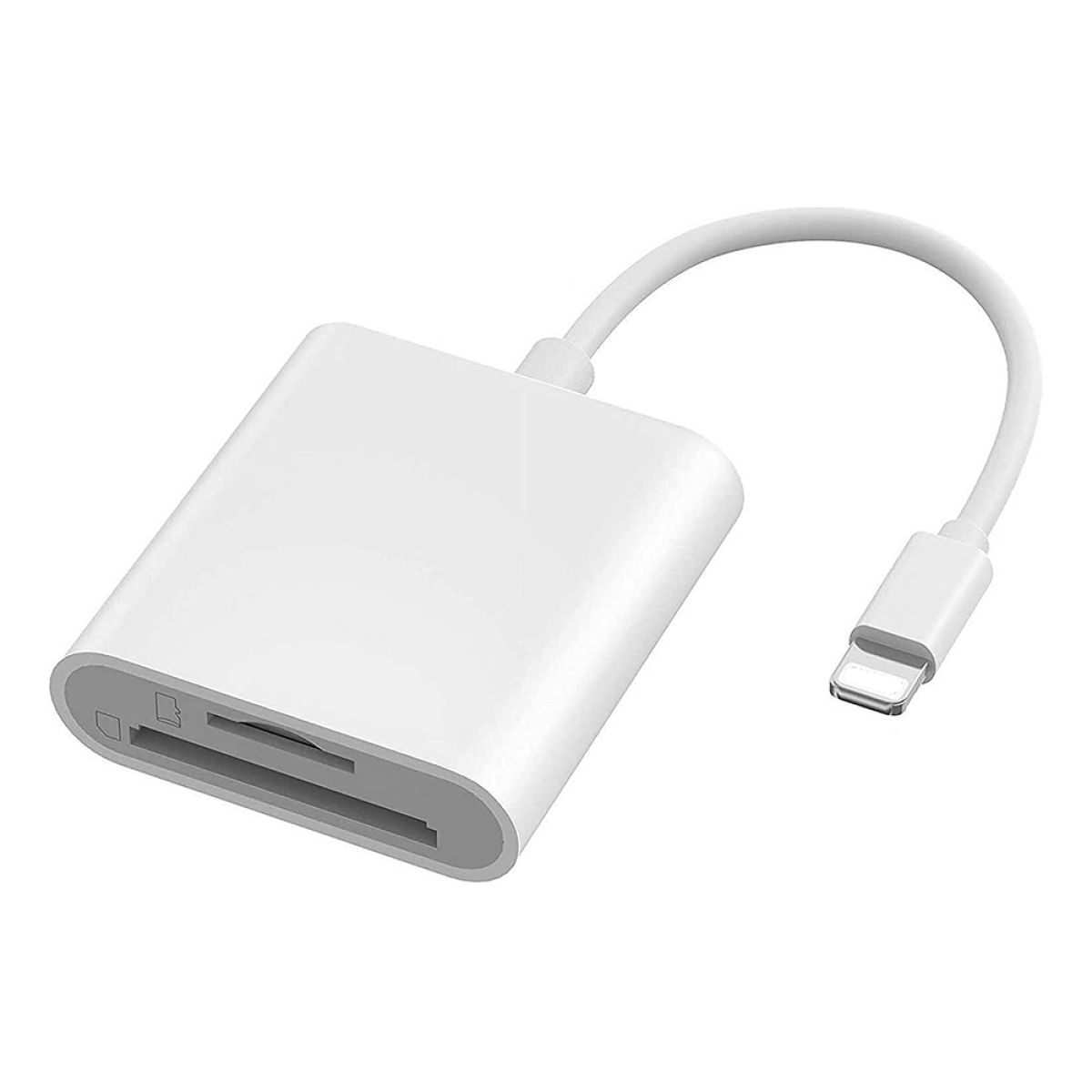Weißer Kartenleser mit weißem Kabel. Er hat einen Steckplatz für eine SD-Karte.