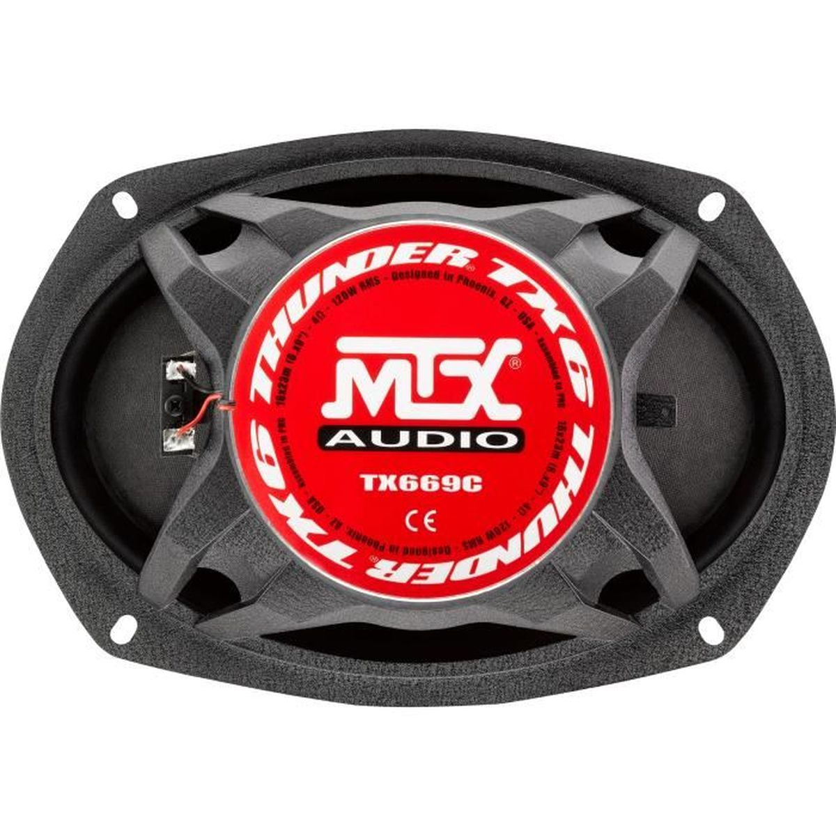 MTX TX669C Lautsprecher, rot und schwarz, ovale Form, auf weißem Hintergrund.