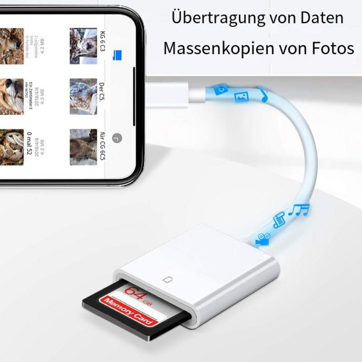 Telefon mit Kartenleser verbunden, Datenübertragung. 64GB Speicherkarte eingesetzt.