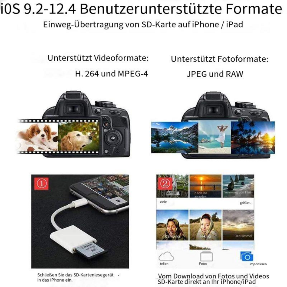 Diagramm einer Kamera, die sich über einen SD-Kartenadapter mit einem Telefon verbindet.