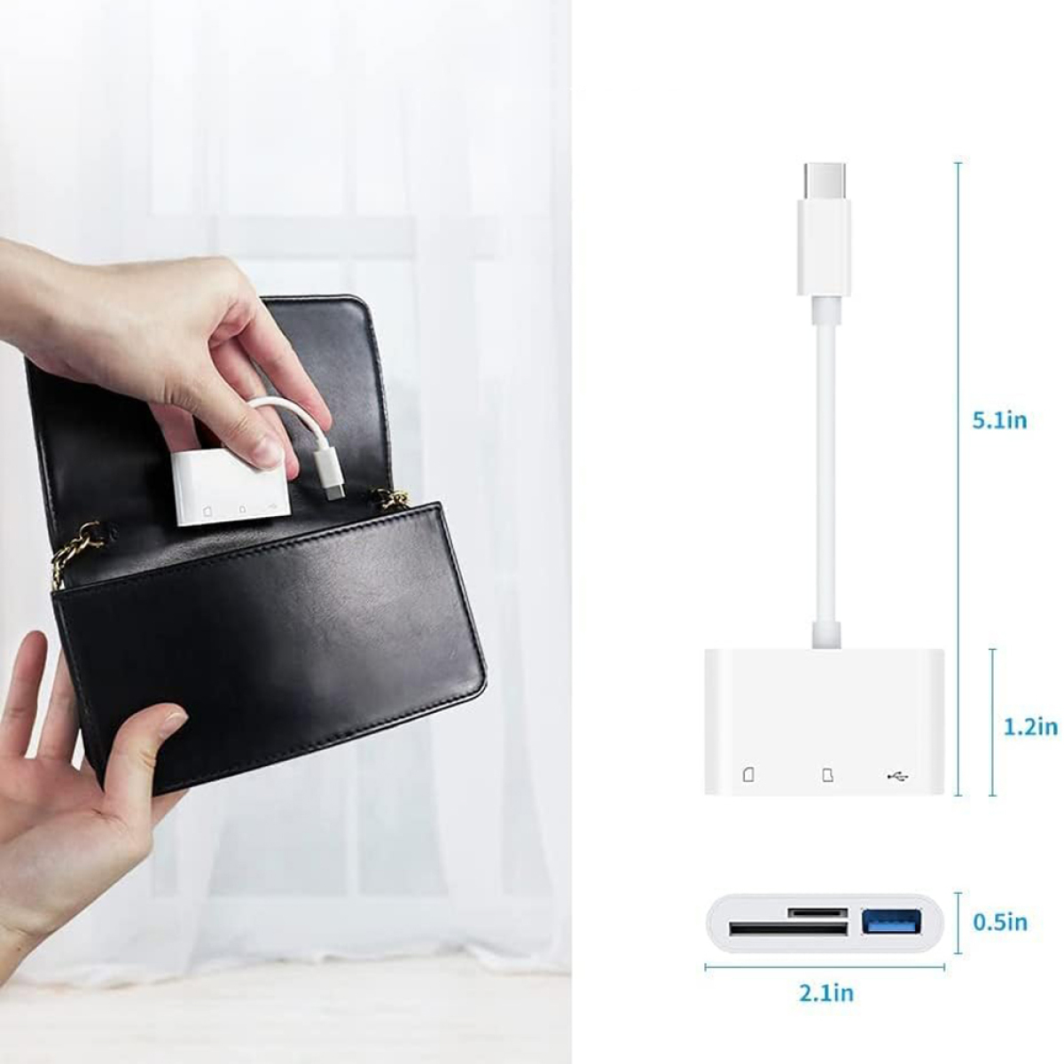 Hand hält einen weißen Adapter, eine schwarze Geldbörse und einen weißen Adapter mit Abmessungen in Zoll.