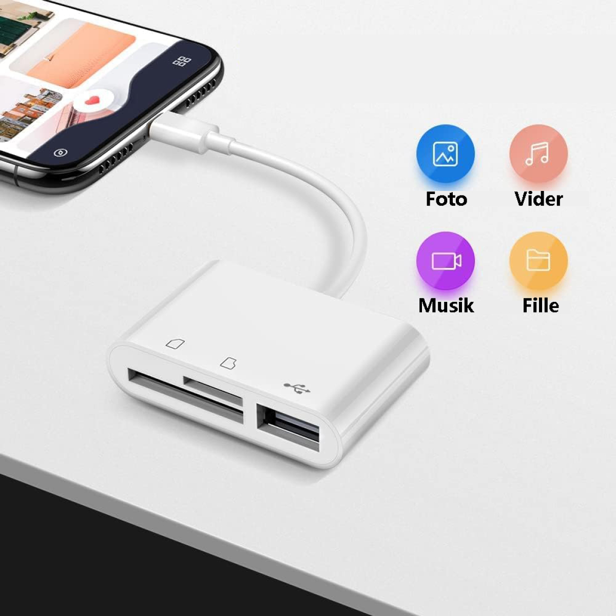 Weißer Adapter, der mit einem Telefon mit Symbolen verbunden ist.