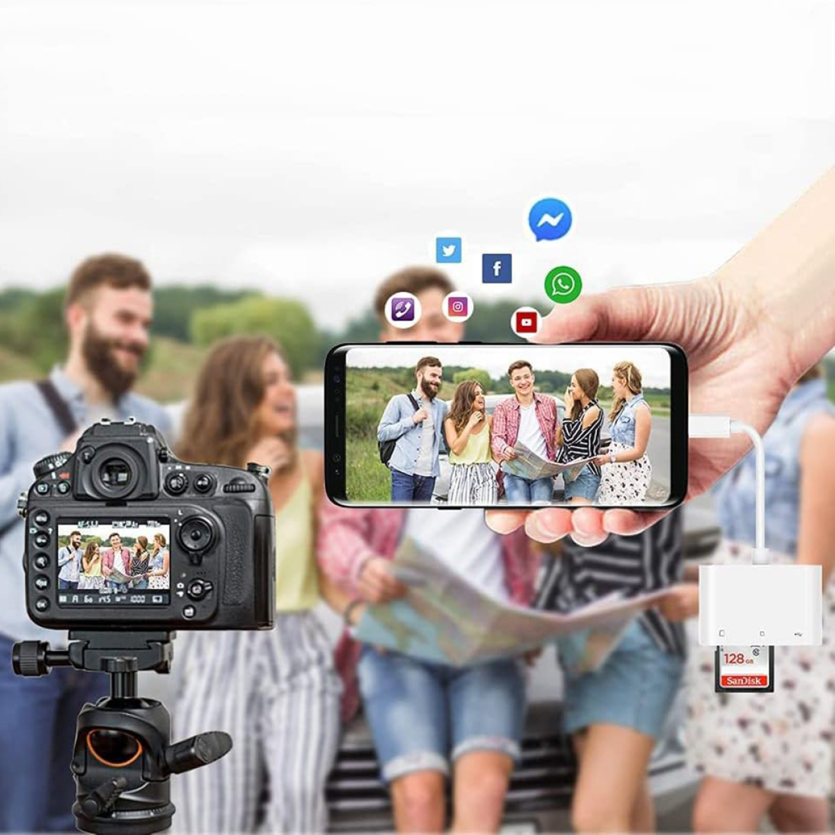 Hand hält Telefon mit Personengruppe. Kamera und Social-Media-Symbole sichtbar.
