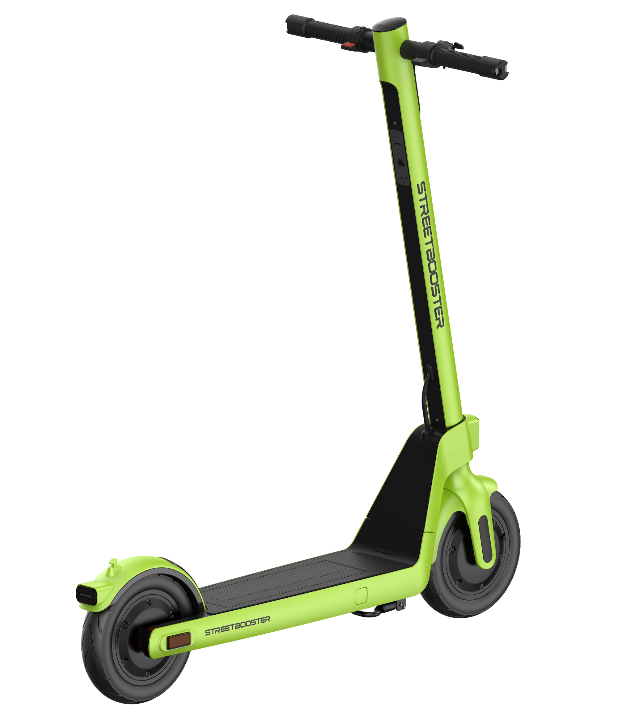 Limettengrüner Roller auf schwarzem Hintergrund. Schwarze Räder und Lenker.