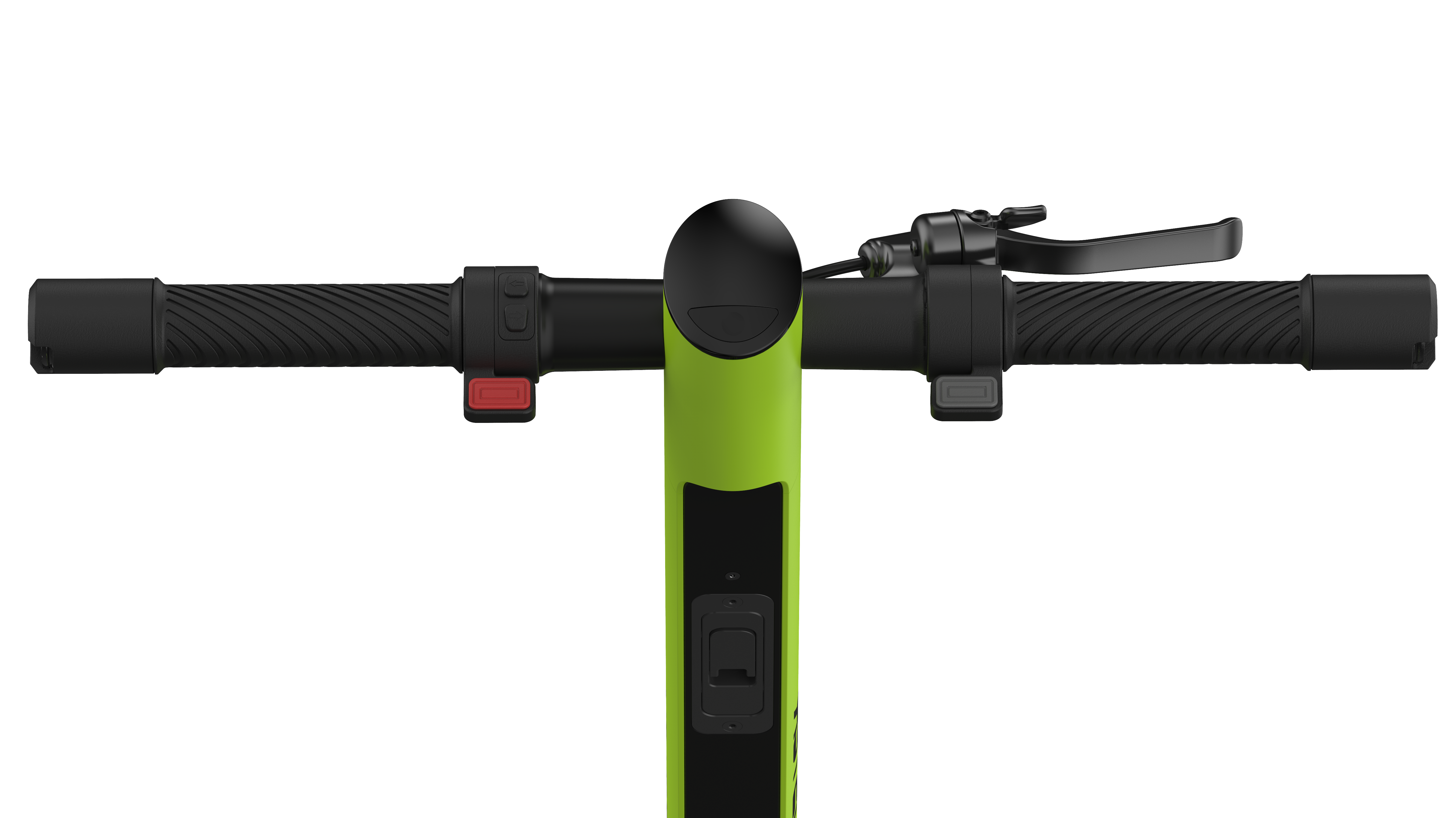 Hellgrüne E-Scooter-Lenker mit Bedienelementen und schwarzem Hintergrund.