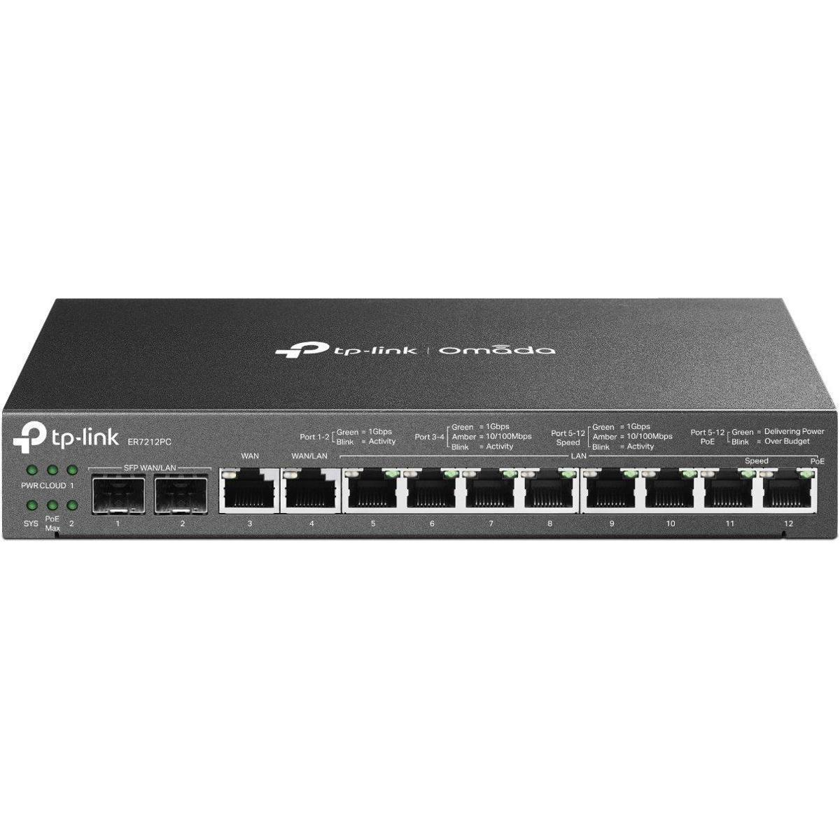 Schwarzer TP-Link Omada Netzwerk-Switch mit mehreren Anschlüssen, Anzeigen und dem TP-Link Logo.