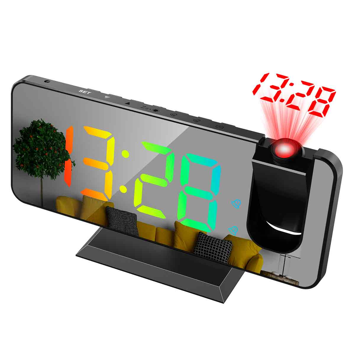 Digitaler Wecker, der die Zeit projiziert. Die Uhr ist schwarz, die Zahlen sind farbig und projiziert.