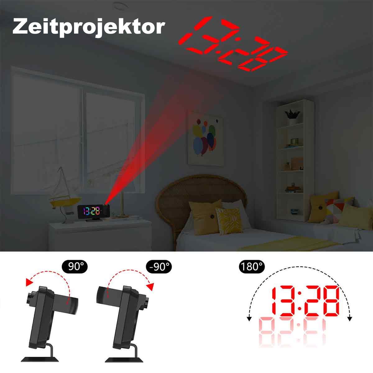 Zimmer mit roter digitaler Uhrprojektion an der Decke. Zusätzliche Projektionen zeigen Einstellungen.